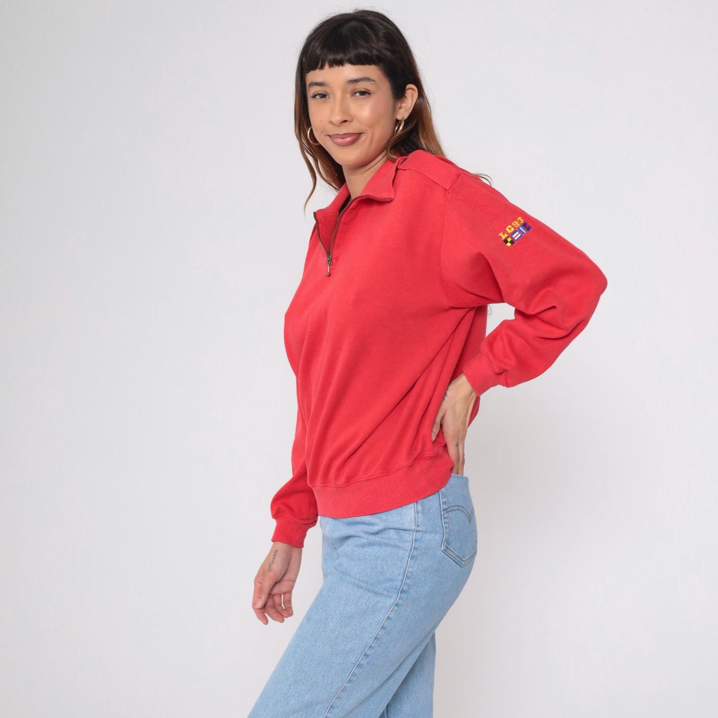 90s Liz Sport Red Quarter Zip Sweatshirt Nautical Flag Embroidery Medium M