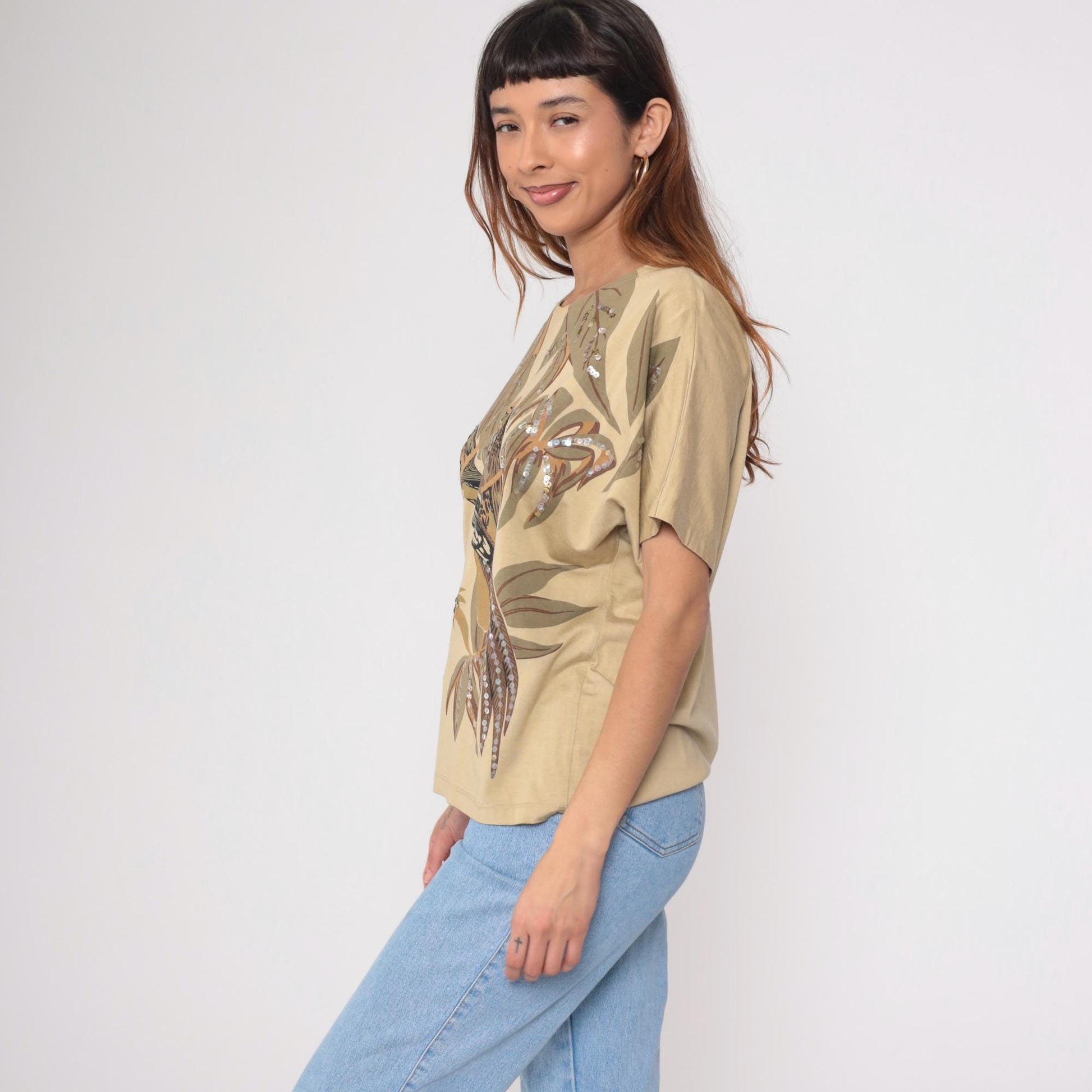 90s Tan Sequined Bird Print Boxy Tee Tropical Foliage Beaded Short Sleeve Large L
