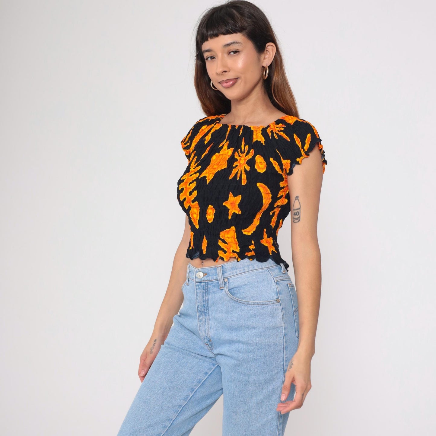 Y2K Shore Line Batik Smocked Crop Top Black Orange Cap Sleeve Small Medium