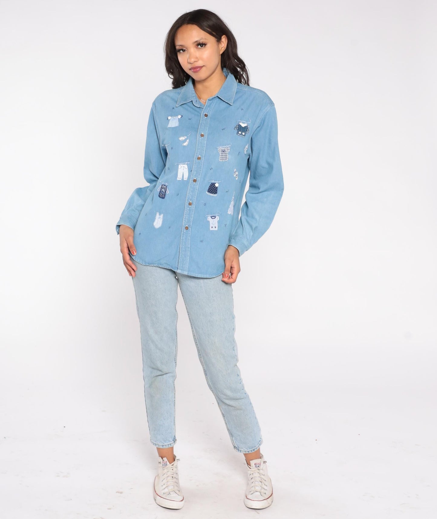 90s Gardy Teddy Bear Laundry Day Denim Shirt Blue Chambray Medium M