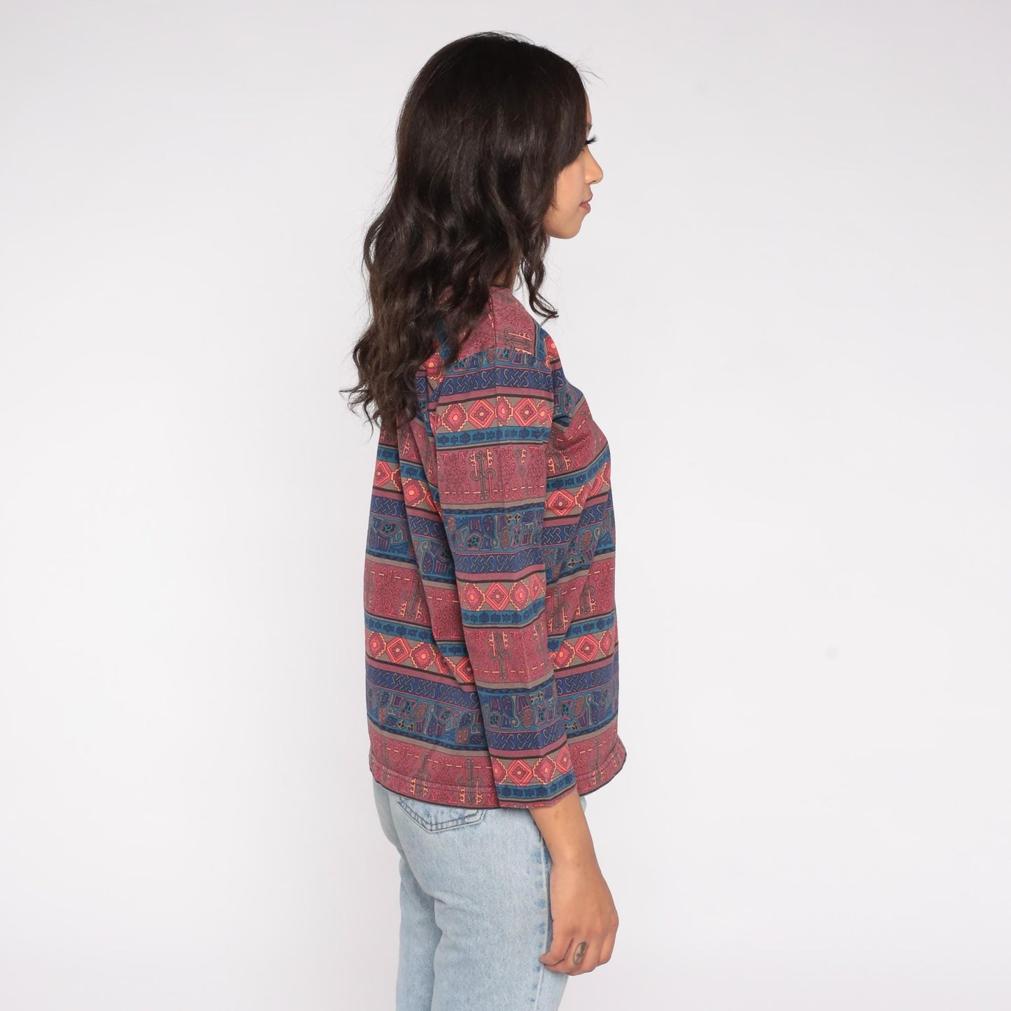 90s Chicos Design Southwestern Tribal Print Top Burgundy Navy Cotton Small