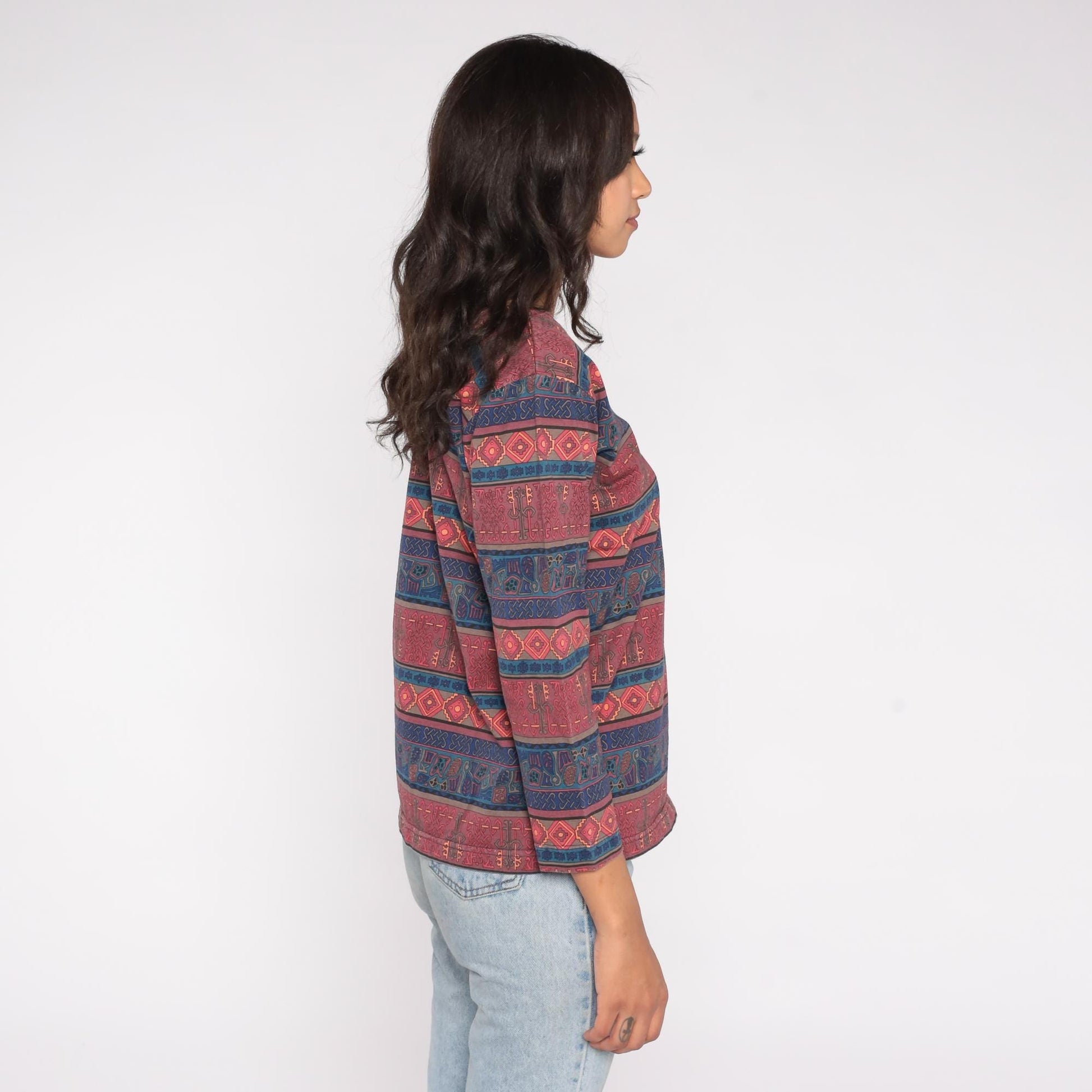 90s Chicos Design Southwestern Tribal Print Top Burgundy Navy Cotton Small