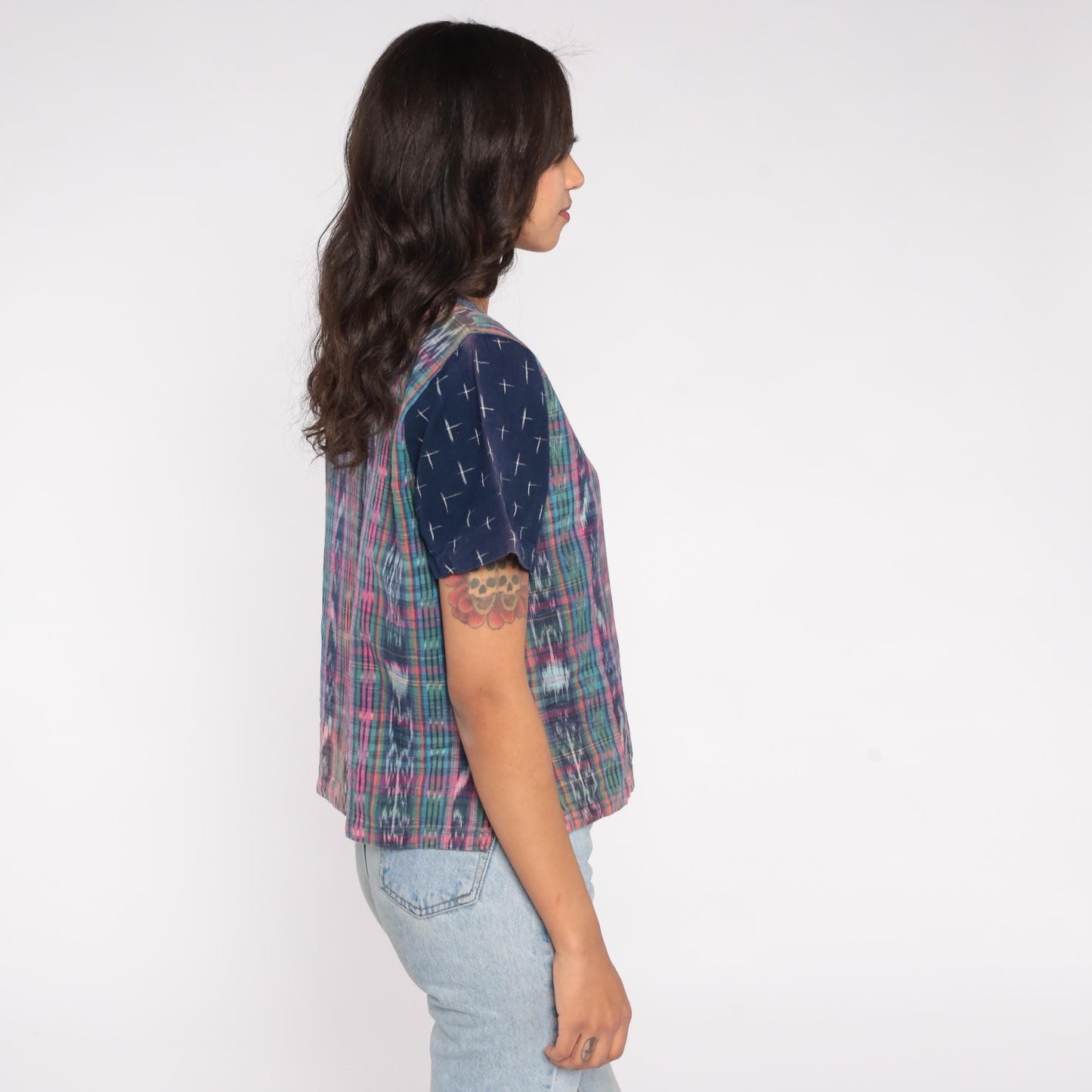 90s Patchwork Button Up Ikat Print Navy Chambray Short Sleeve Small P