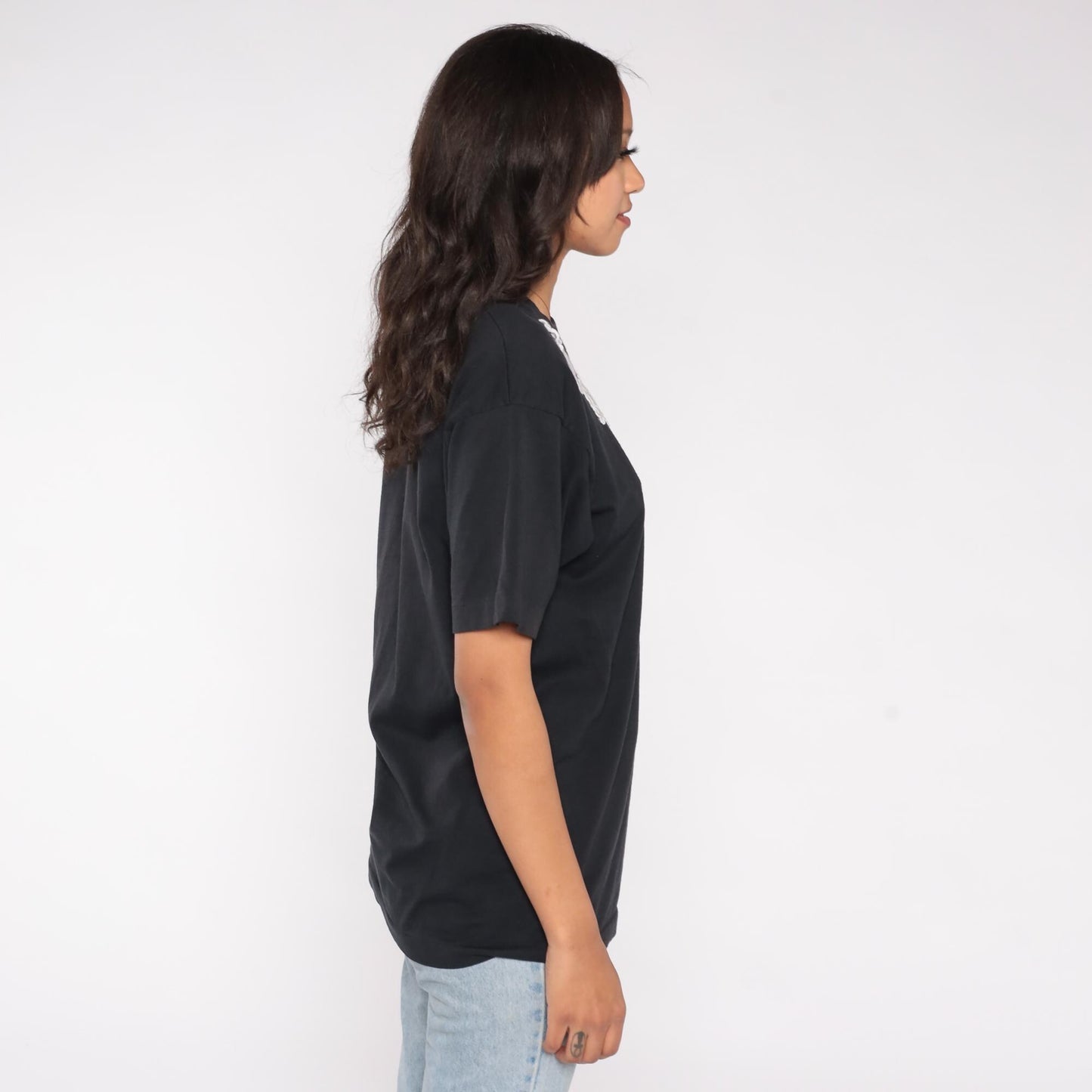 90s Screen Stars Best Black Lace Applique Crew Neck Tee Large L