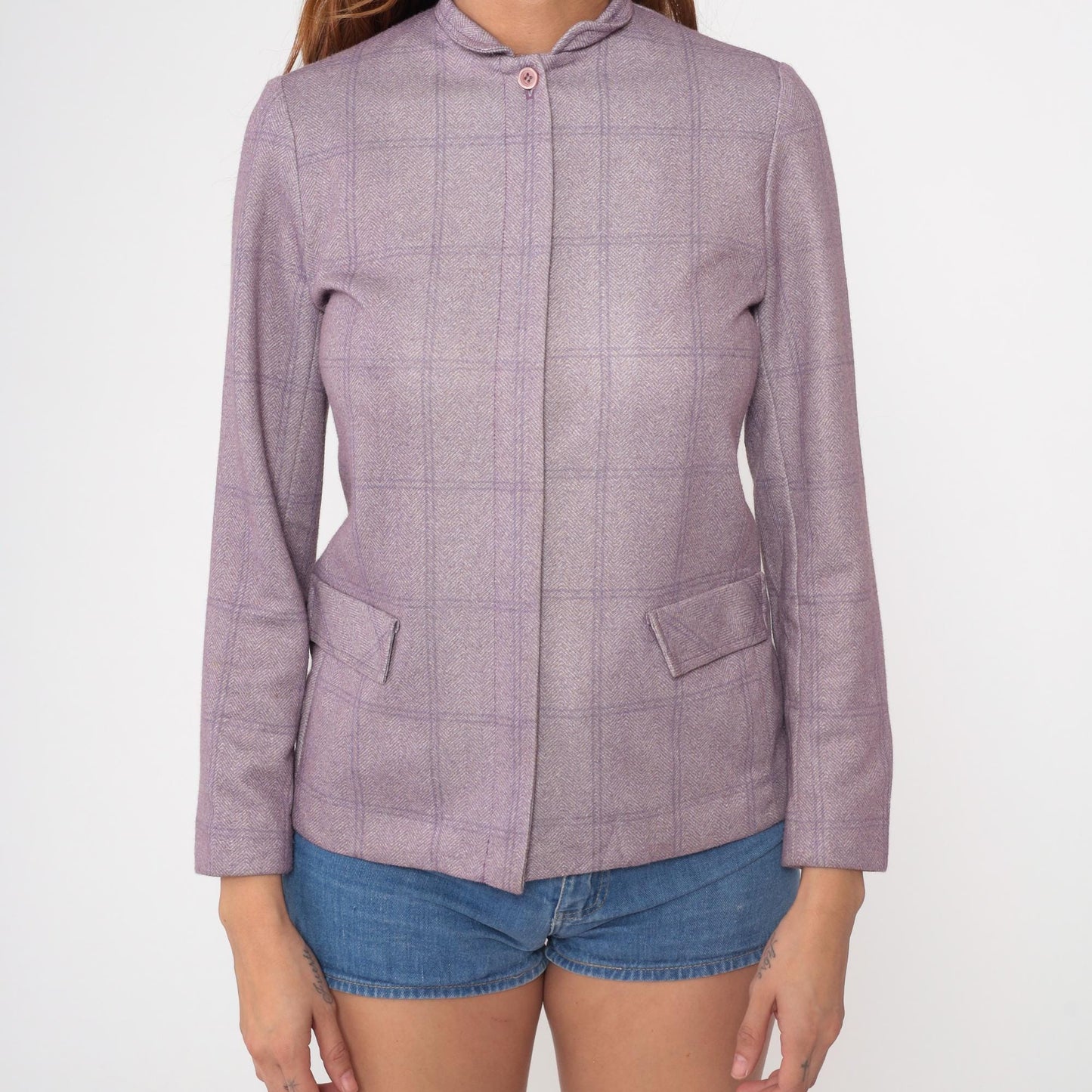 80s Wilroy Traveler Lilac Herringbone Blazer Mandarin Collar Wool Blend XS