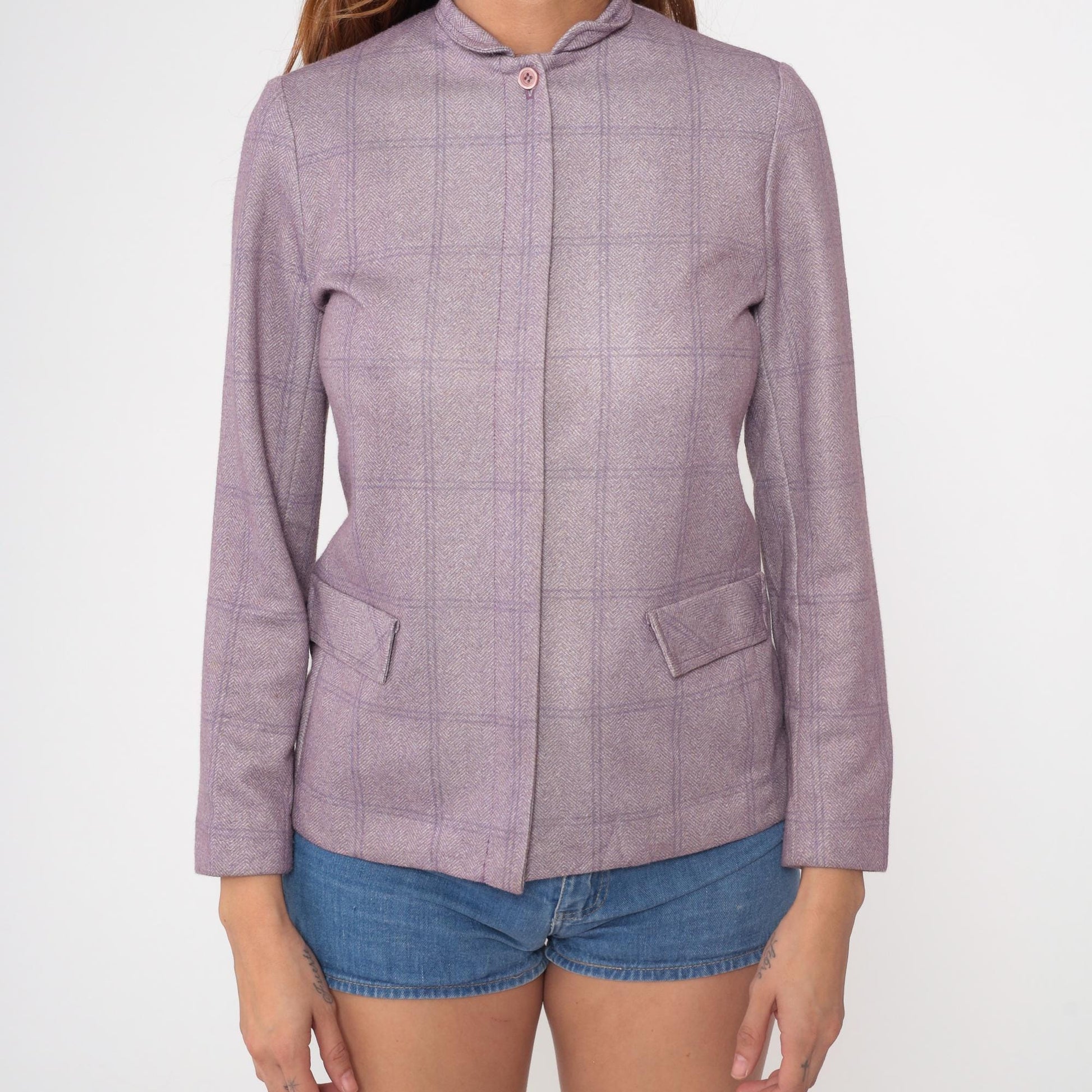 80s Wilroy Traveler Lilac Herringbone Blazer Mandarin Collar Wool Blend XS