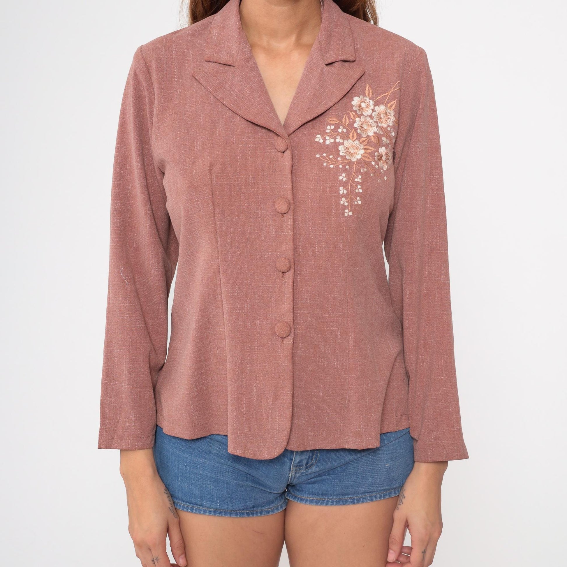80s Dusty Rose Floral Embroidered Blazer Notched Collar Button Front Small