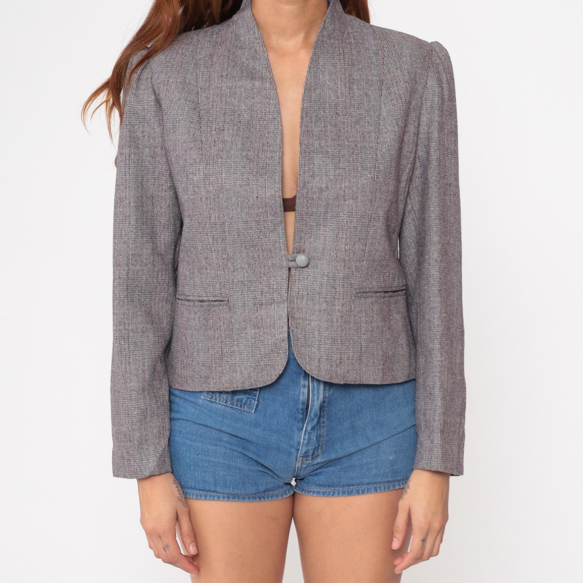 80s Gilmor Grey Plaid Collarless Wool Blazer Cropped Fitted Medium M