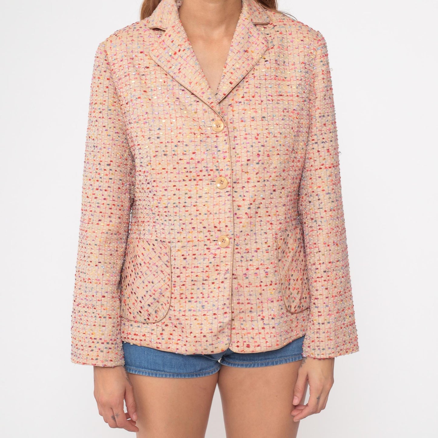 Y2K Leweixin Peach Confetti Blazer Notched Multicolor Textured XXL