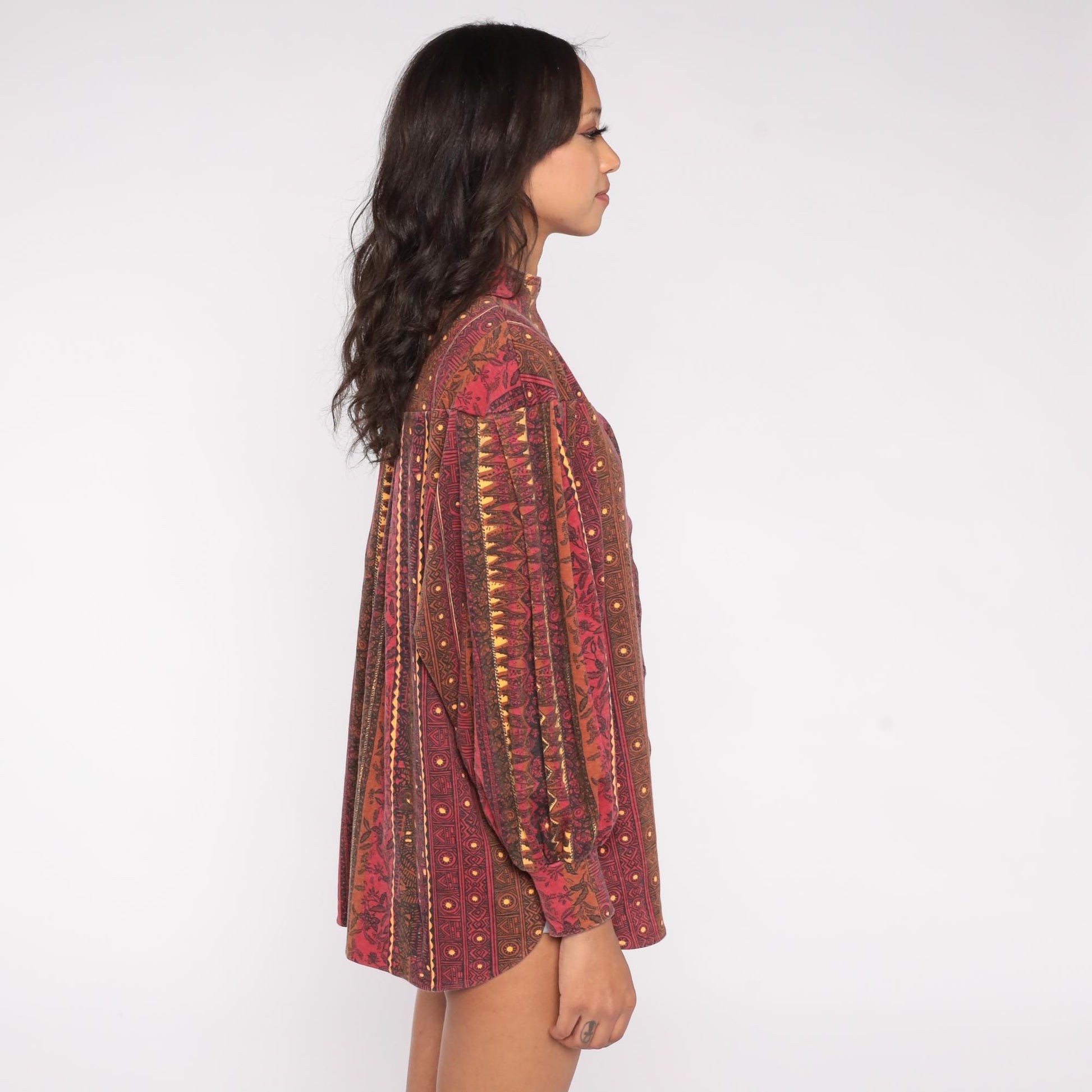 90s Mike & Me Moon Craft Burgundy Geometric Tribal Button Up Blouse One Size