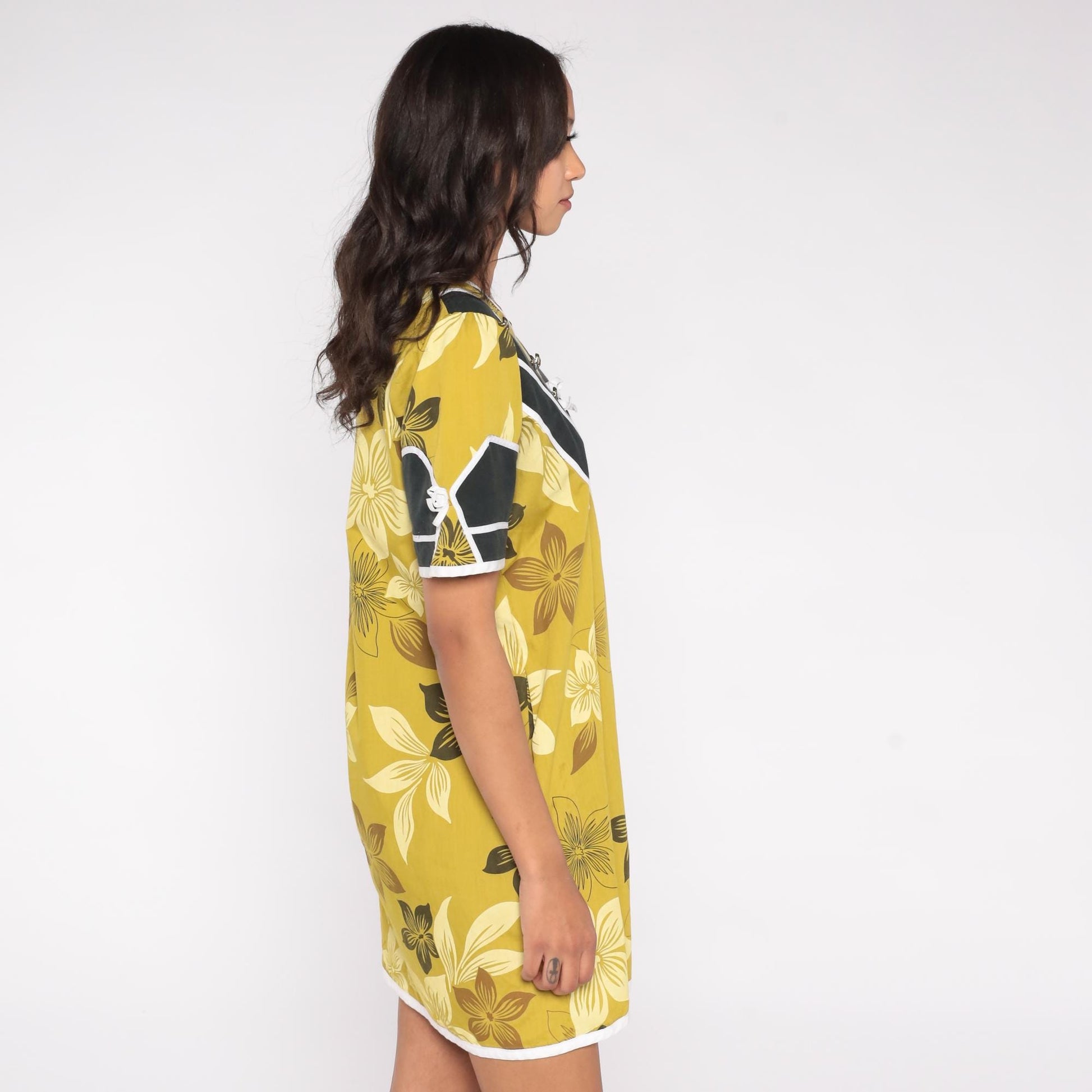 90s Floral Mini Dress Chartreuse Olive Sailor Collar Tropical Print Medium M