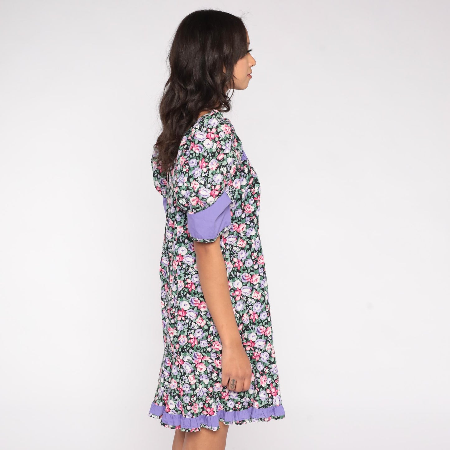 90s Floral Mini Dress Puff Sleeve Sweetheart Neckline Lilac Trim Cotton Large