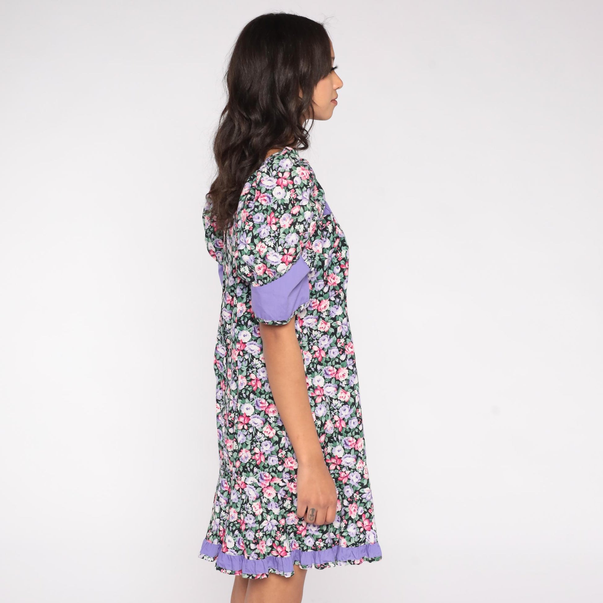 90s Floral Mini Dress Puff Sleeve Sweetheart Neckline Lilac Trim Cotton Large