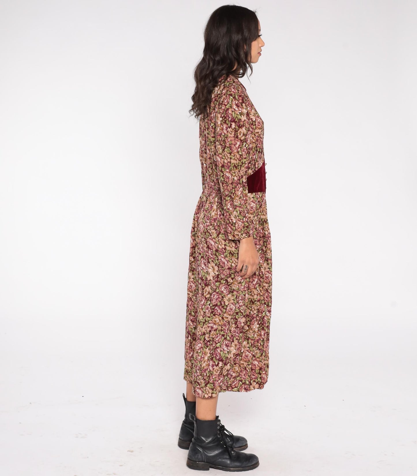 90s Miss Dorby Floral Velvet Midi Dress Burgundy Rose Long Sleeve Large