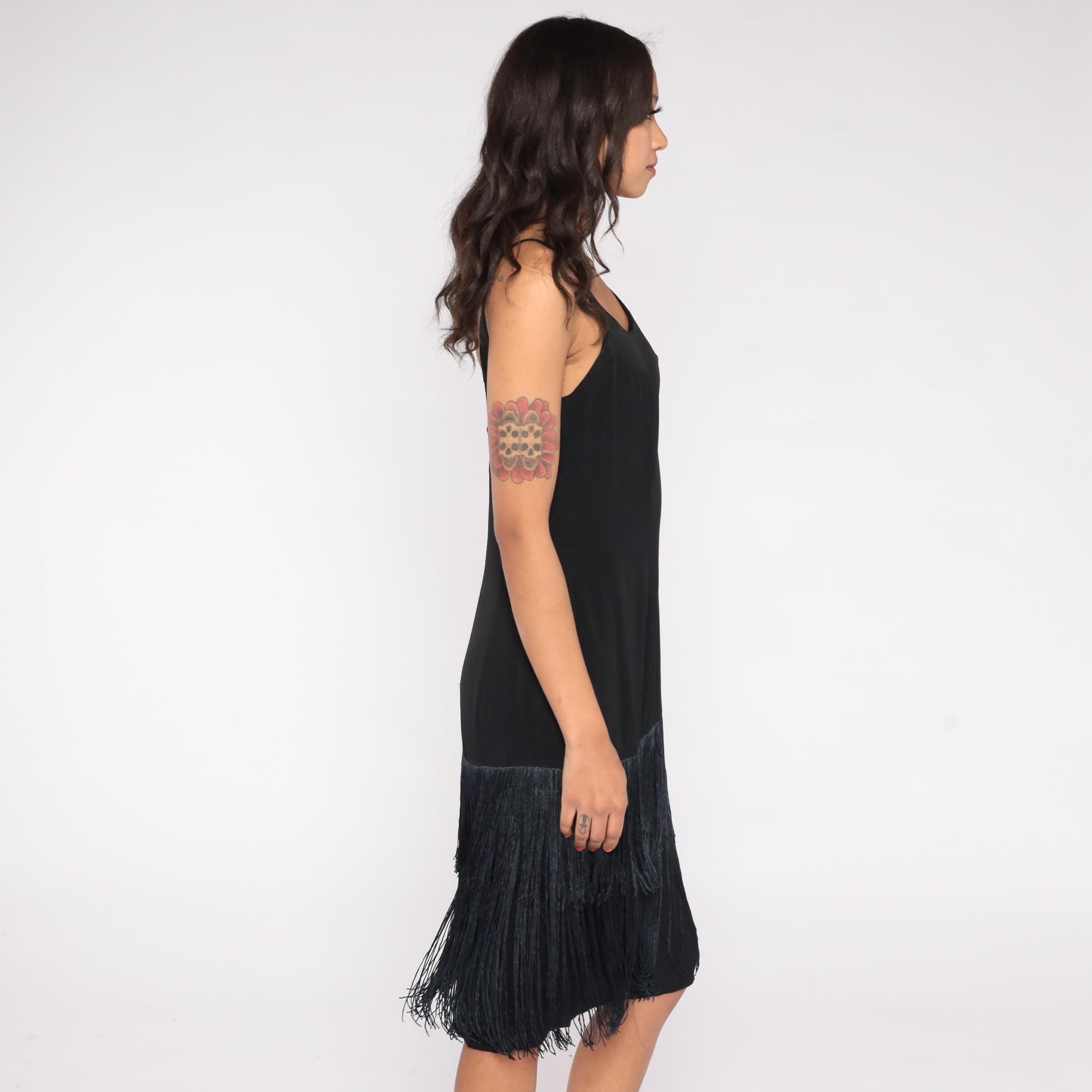 90s BB Collection Black Fringe Slip Dress Spaghetti Strap Cocktail Small