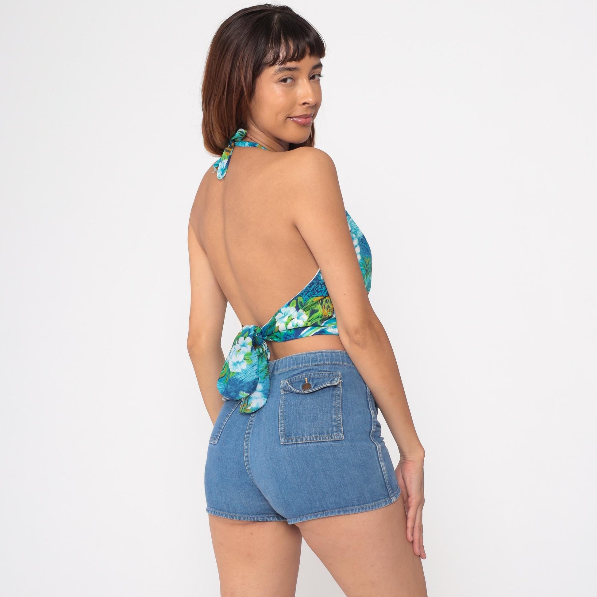 1960s Hawaiian Halter Crop Top Tropical Print Blue White Small S