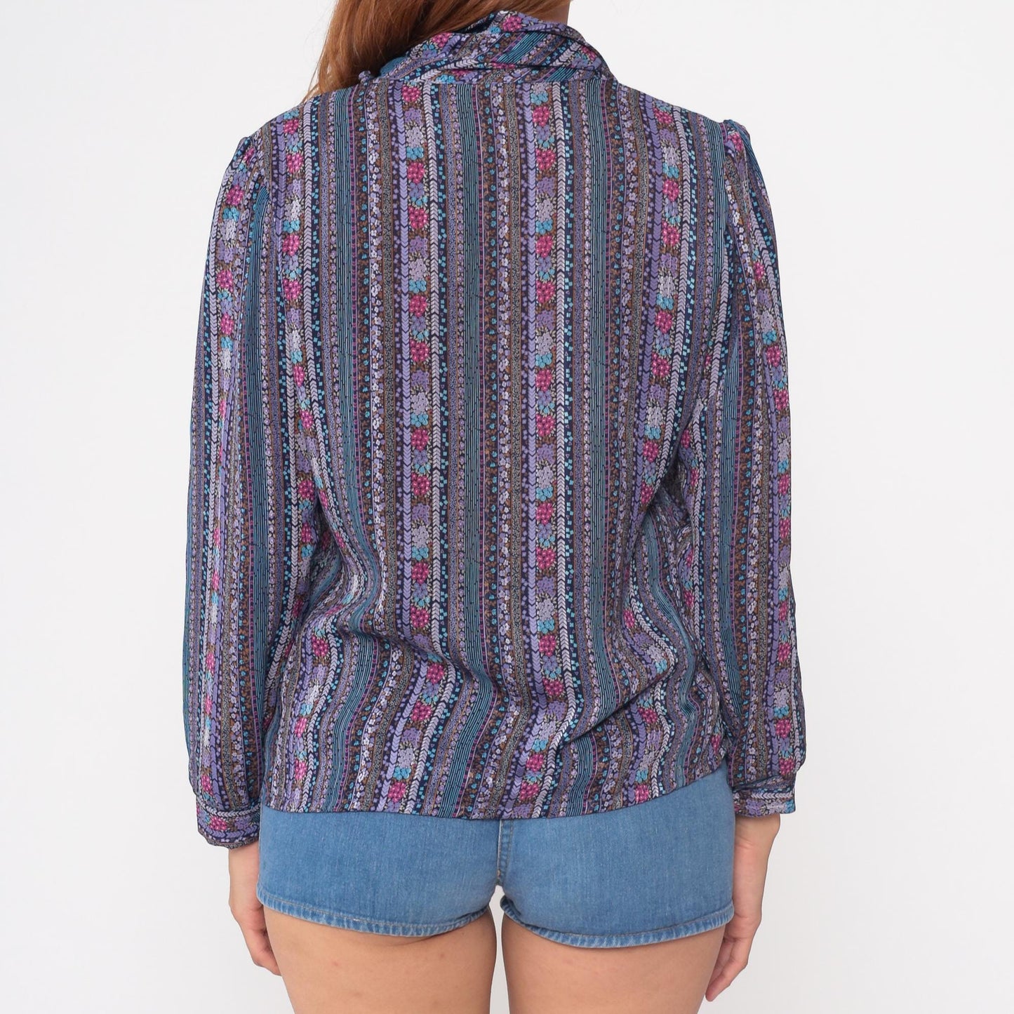 70s Floral Striped Cowl Neck Blouse Purple Blue Pink Long Sleeve Medium