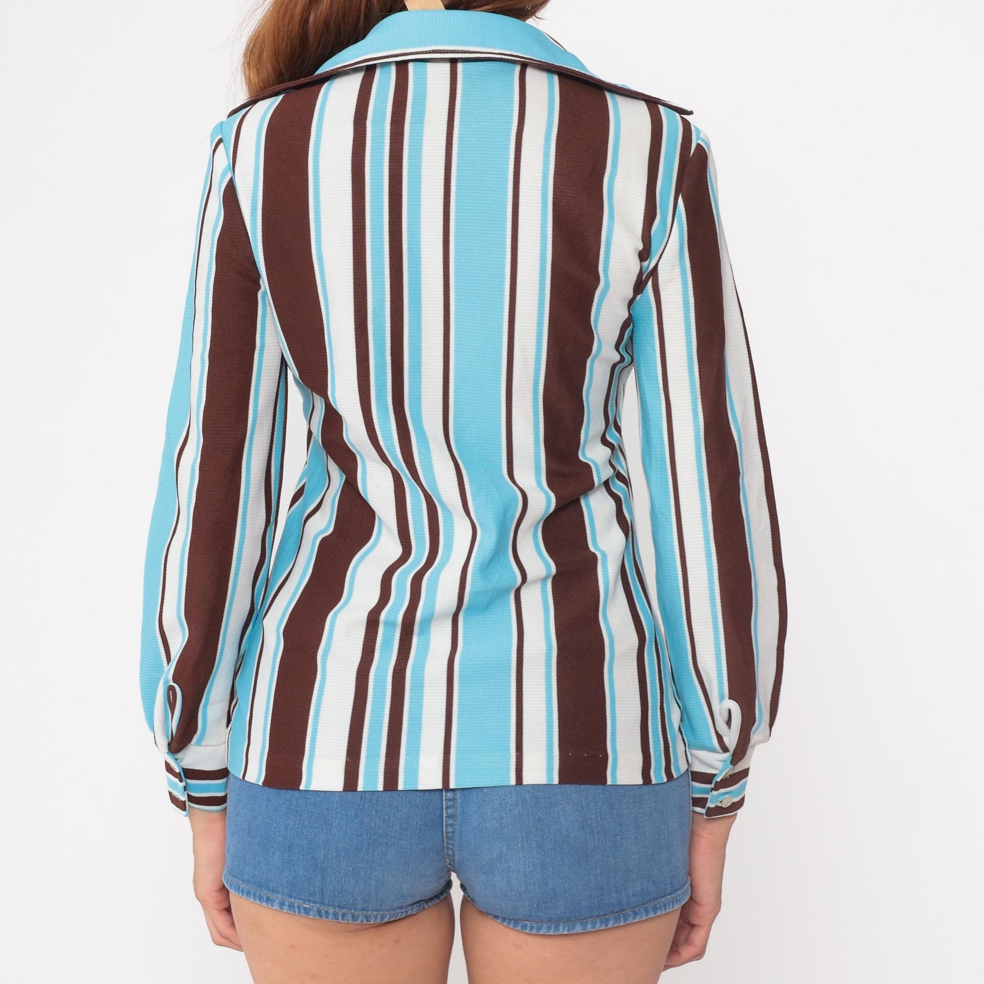70s Striped Button-Up Blouse Turquoise Brown White Vertical Polyester Small