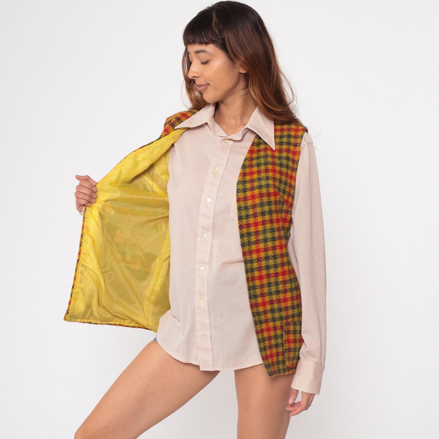 70s Plaid Wool Vest Mustard Red Green Tartan Check Small S