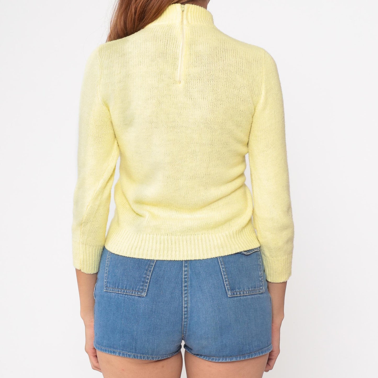 70s Yellow Knit Sweater Mock Neck Raglan Pullover Extra Small XS
