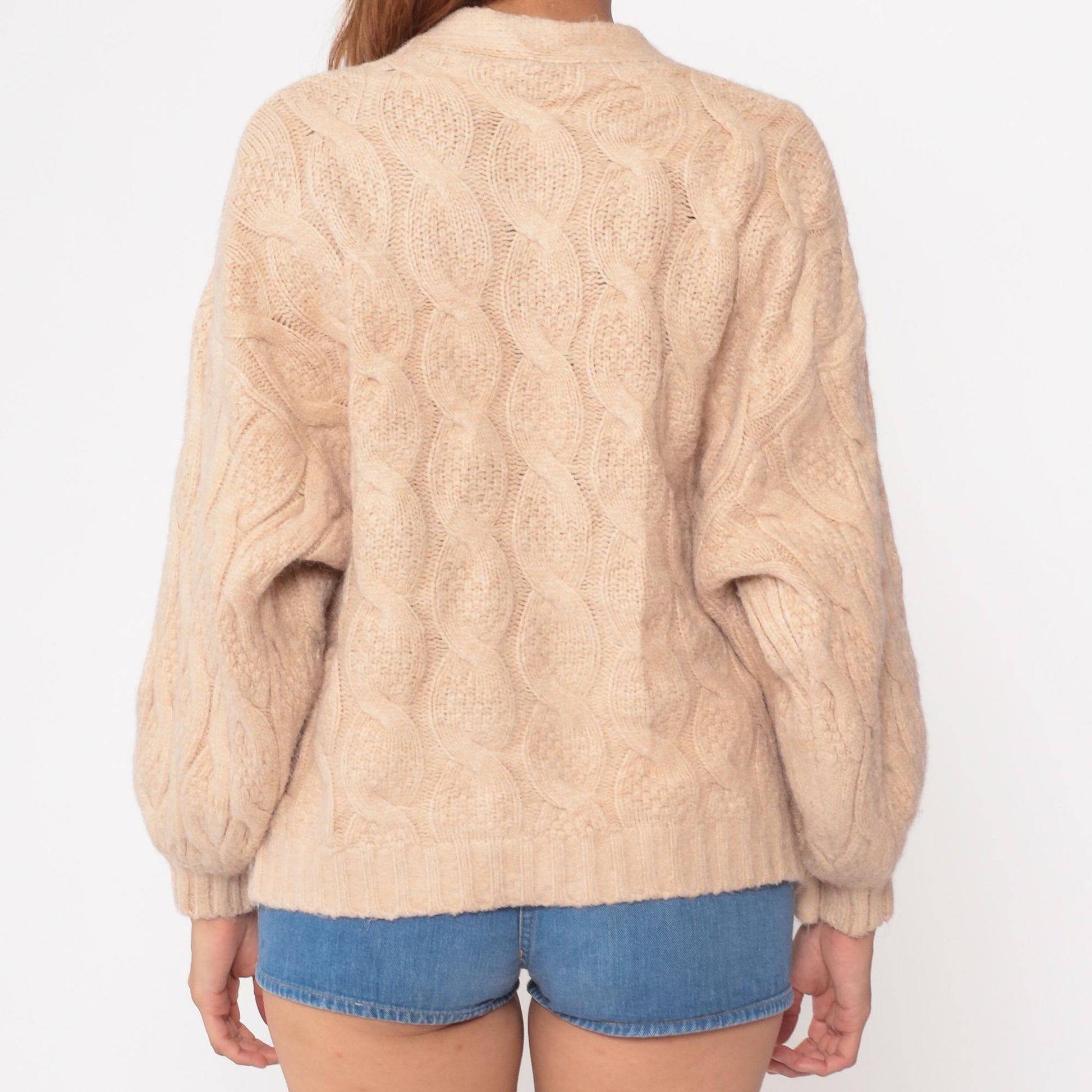 80s Cable Knit Cardigan Cream Wool Fisherman Chunky Knit Small