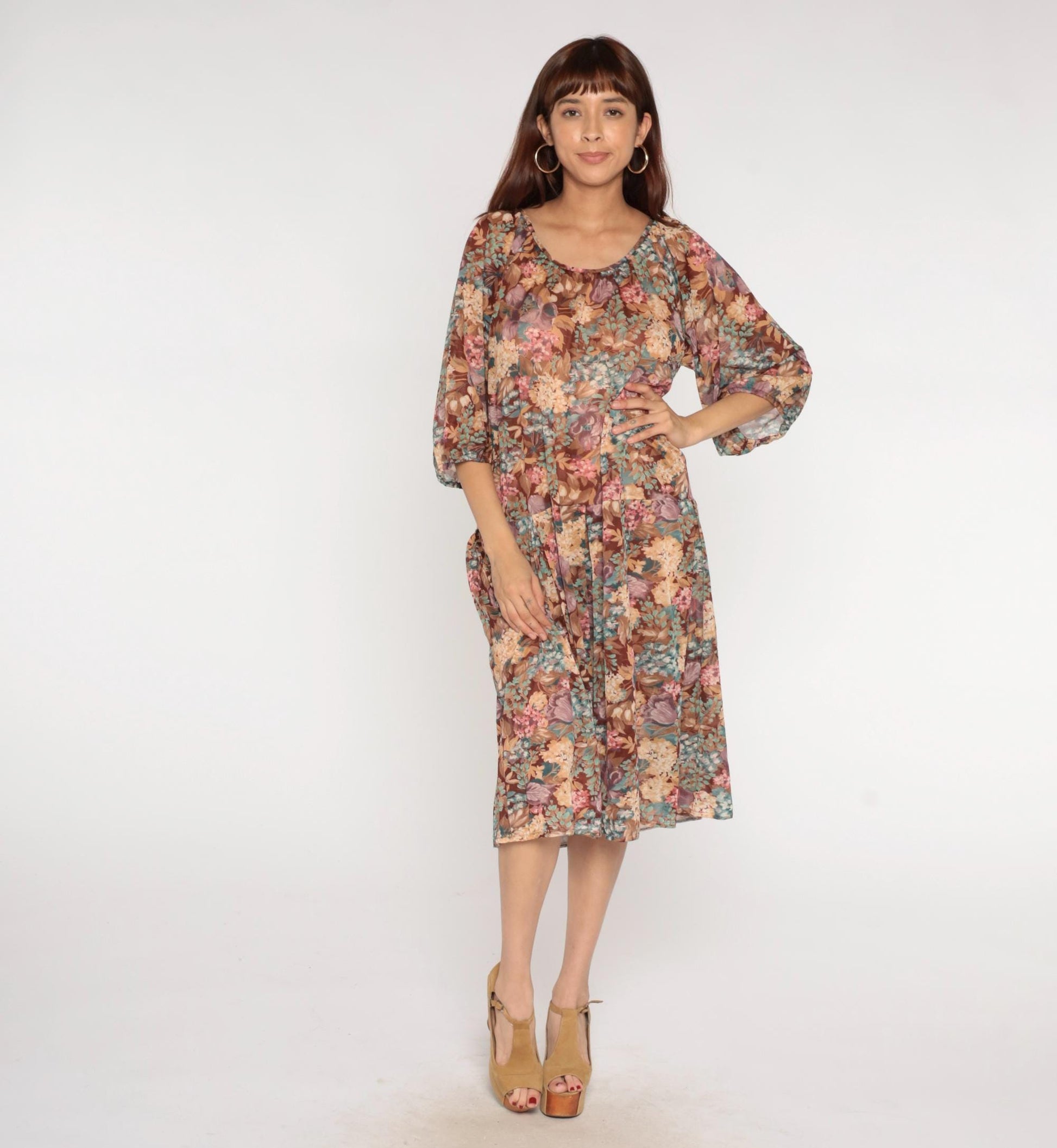 1970s Brown Floral Midi Dress Bishop Sleeve Earth Tone Mauve Teal Large