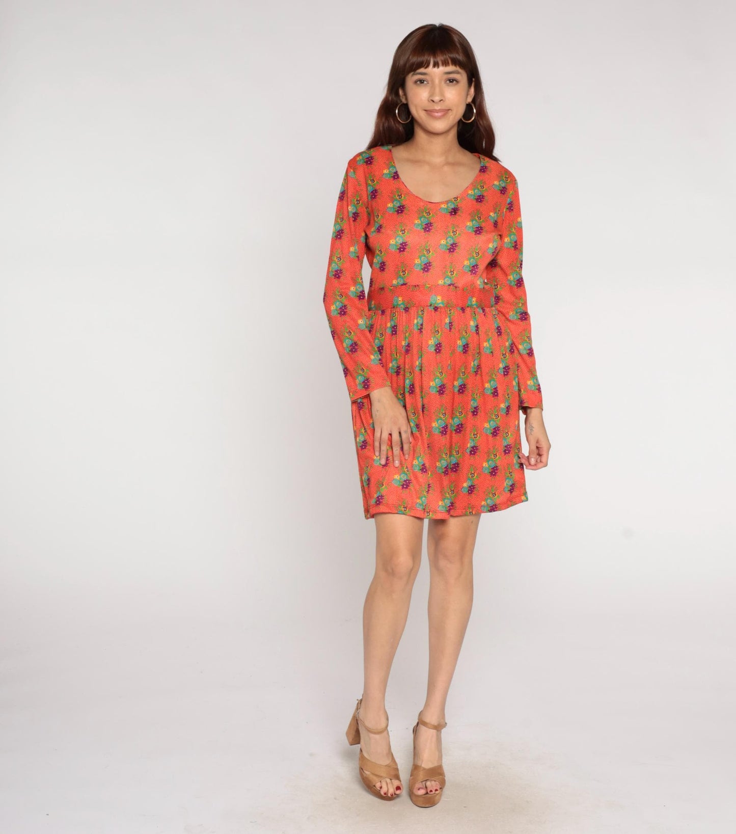 70s Avalon Classics Floral Mini Dress Coral Orange Empire Waist Long Sleeve Medium