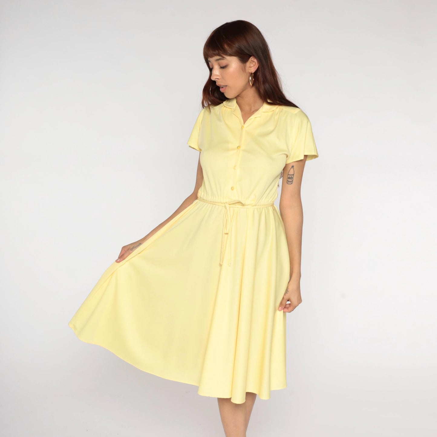 70s Union Made Pale Yellow Shirt Dress Midi Button Front Tie Belt Medium