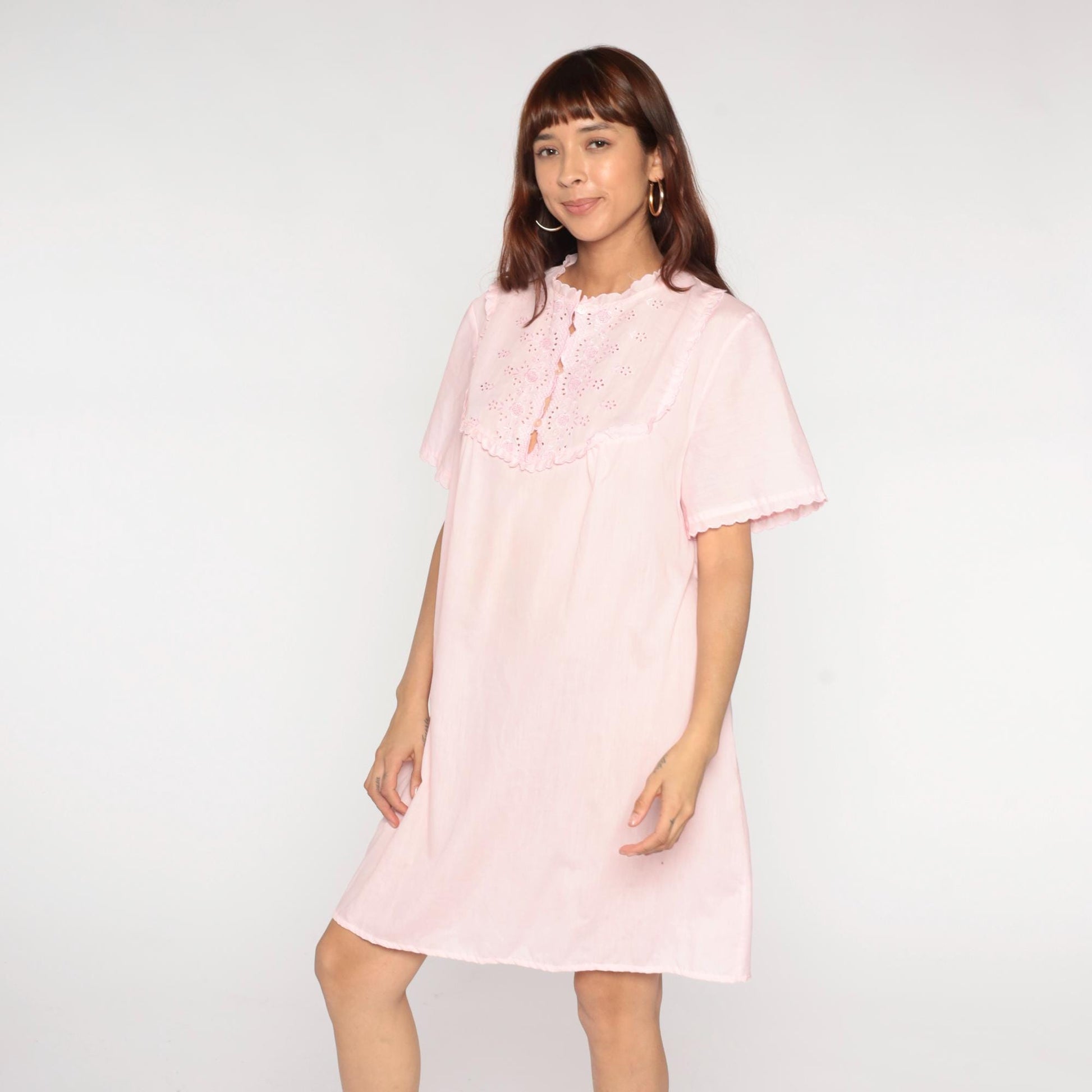 80s Miss Broadway Pink Eyelet Lace Nightgown Button Front Short Sleeve Large