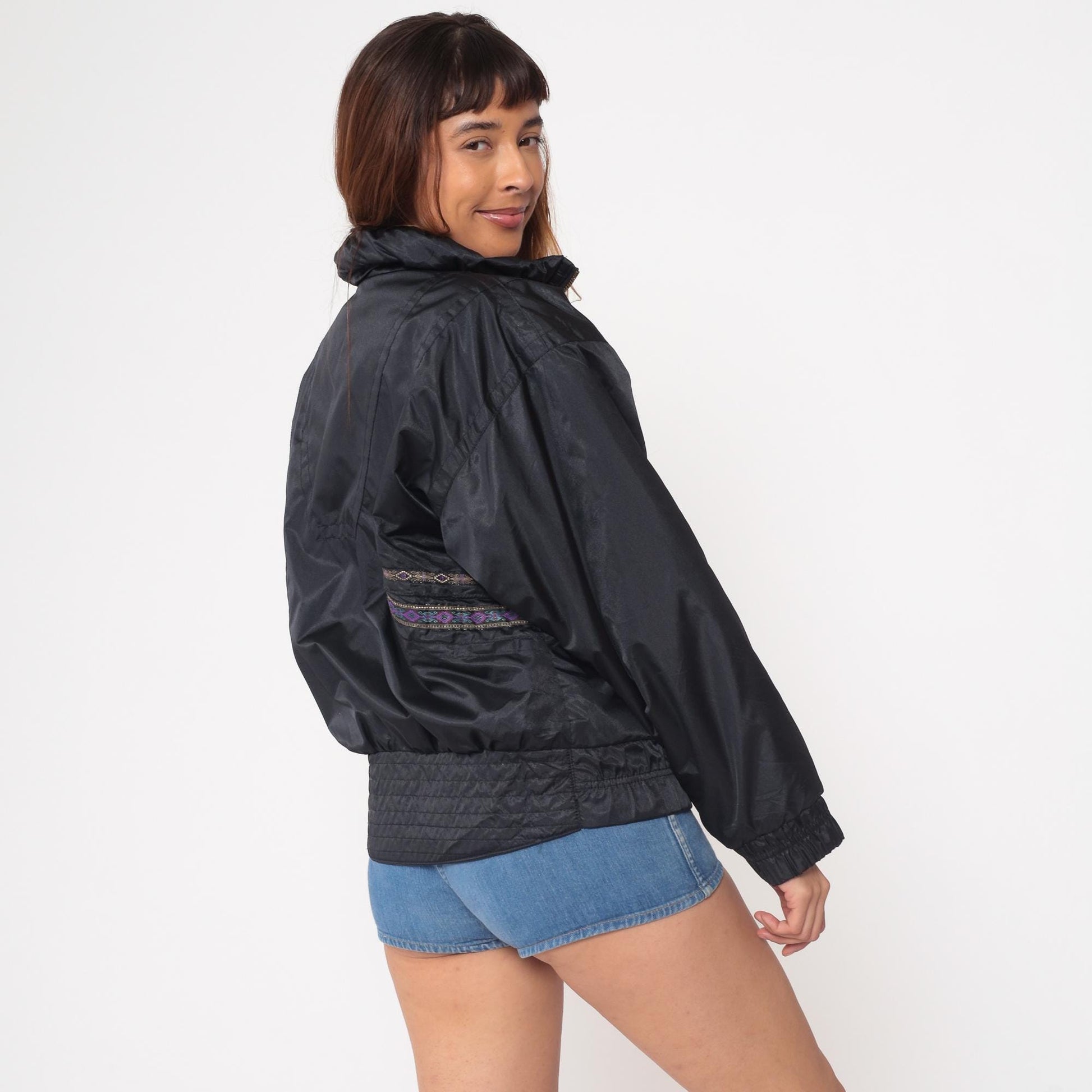 80s White Fir Windbreaker Jacket Black Aztec Tribal Embroidered Asymmetric Medium