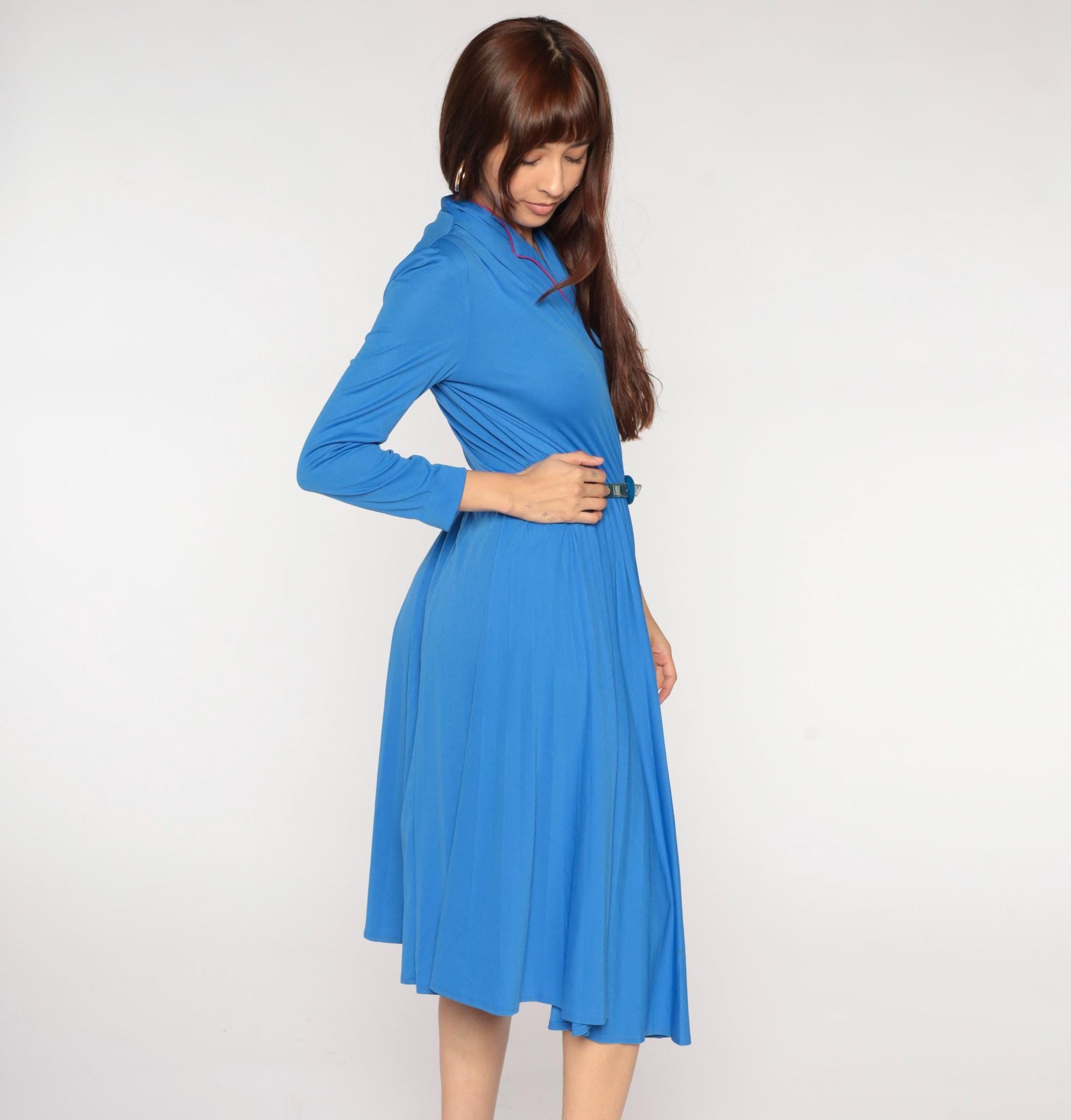 70s Royal Blue Midi Dress Red Piping Notch Collar Pleated Skirt Belt Medium Large