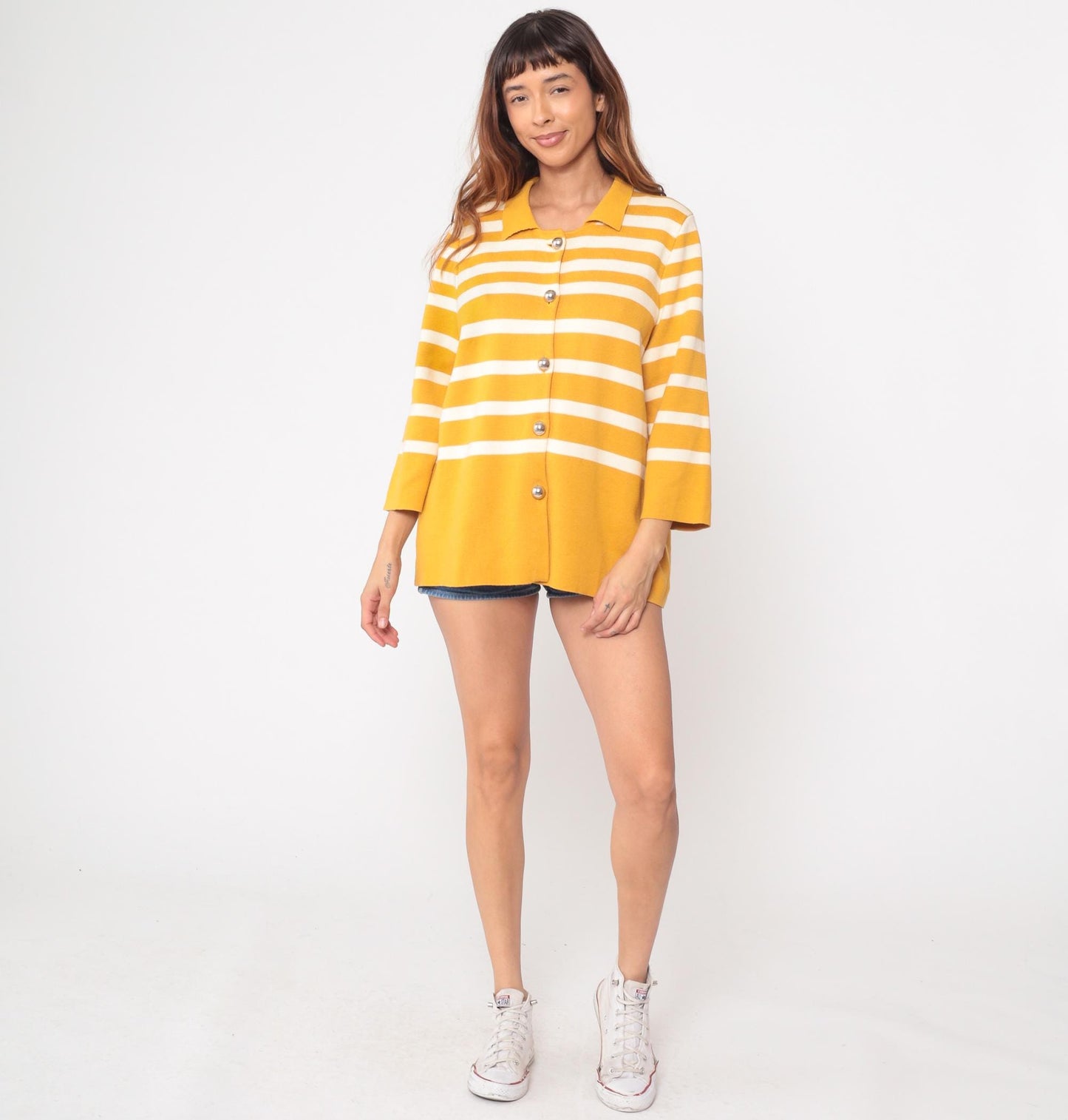 Y2K Liz Claiborne Mustard Striped Cardigan Pointed Collar Large L