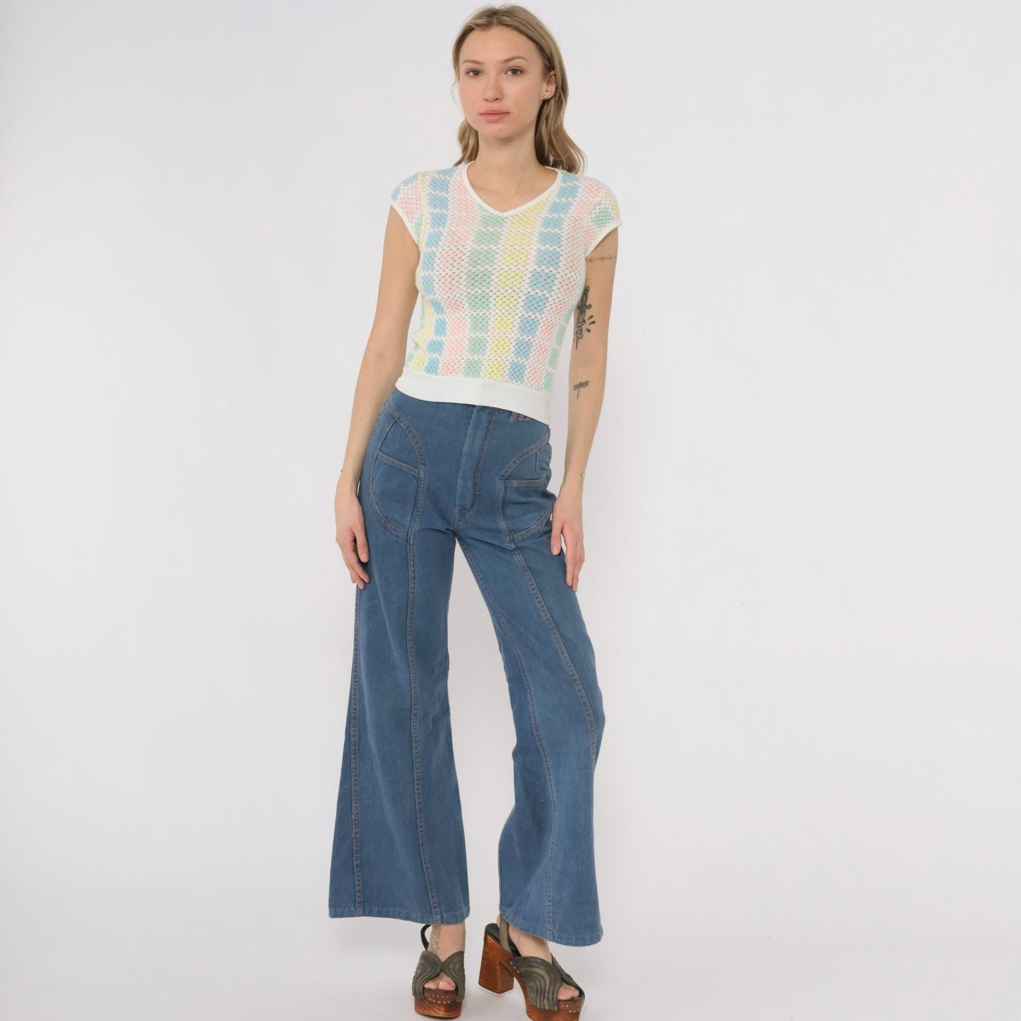 70s Pastel Checkered Mesh Crop Top V-Neck Cap Sleeve Pink Blue Yellow Mint Small