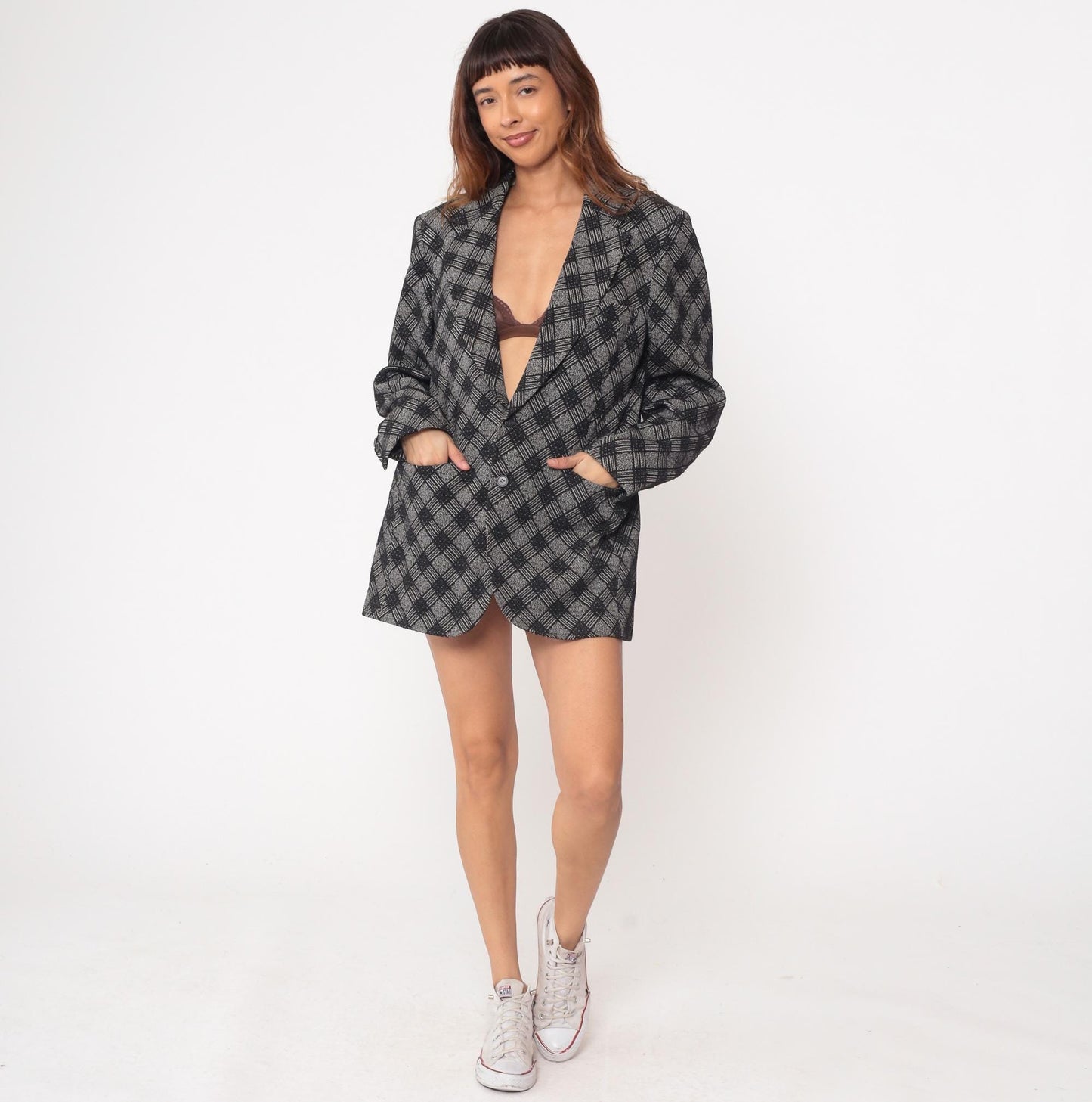 70s Black Gray Diagonal Plaid Blazer Notch Collar Button Front Medium
