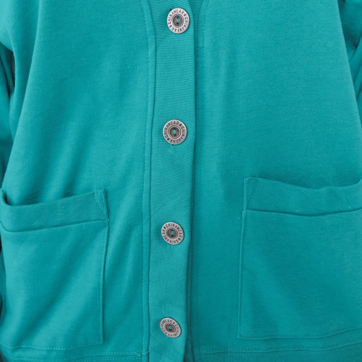90s Teal Deep V-Neck Cardigan Cotton Blend Silver Buttons Pockets Small