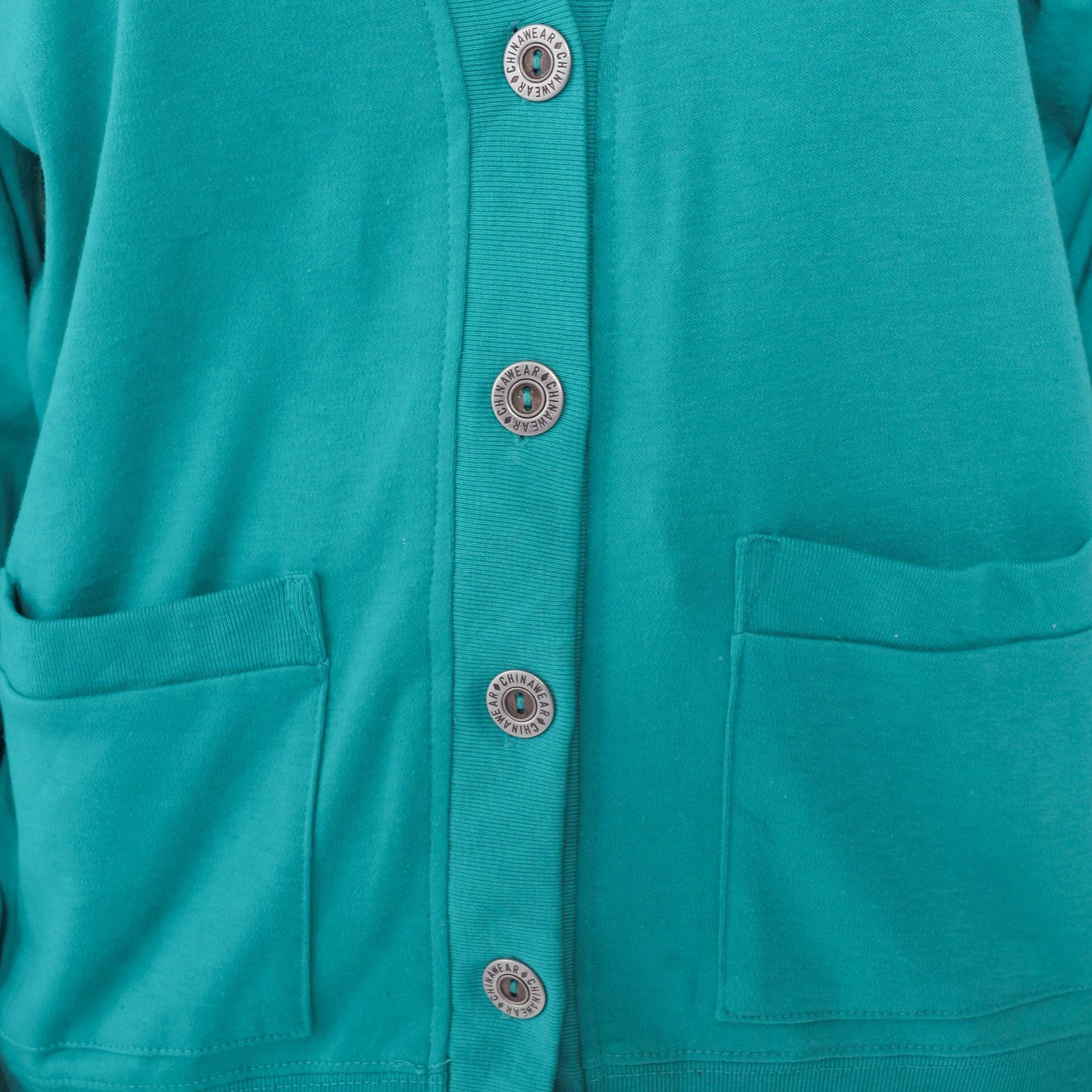 90s Teal Deep V-Neck Cardigan Cotton Blend Silver Buttons Pockets Small