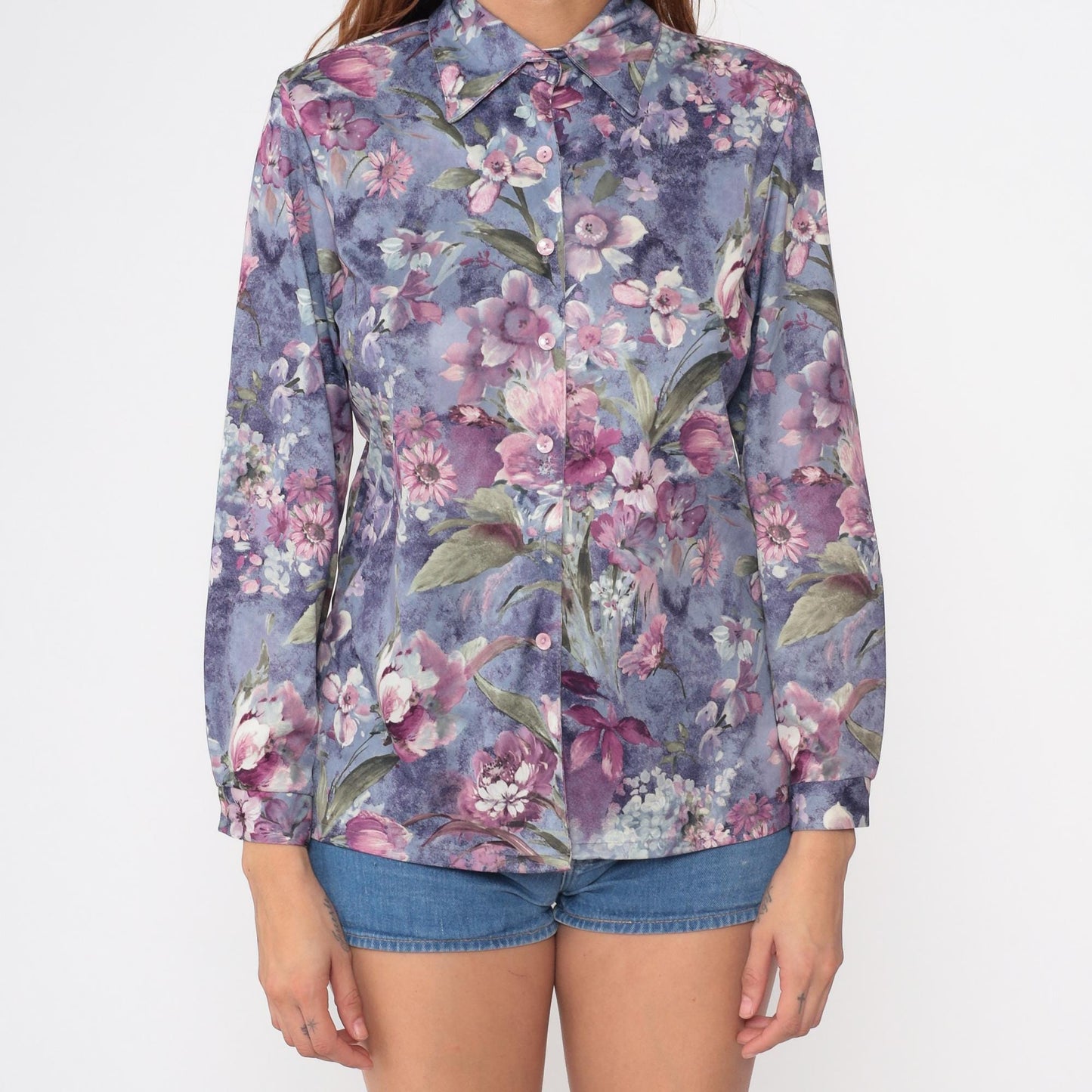70s Lori Watercolor Floral Button Blouse Purple Pink Long Sleeve Small