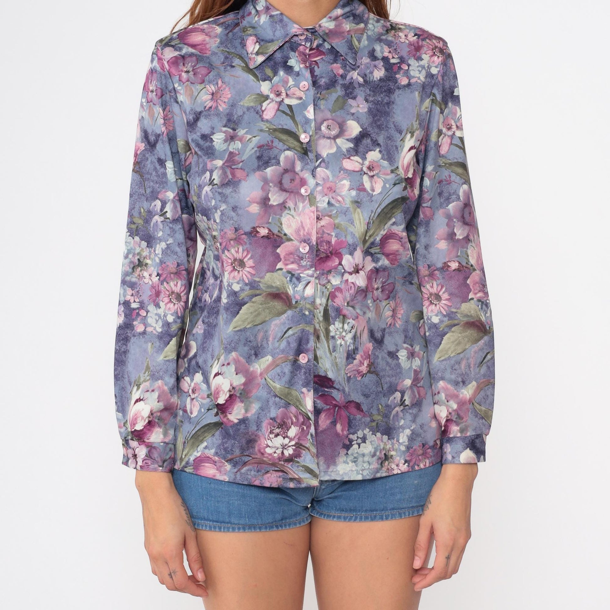 70s Lori Watercolor Floral Button Blouse Purple Pink Long Sleeve Small