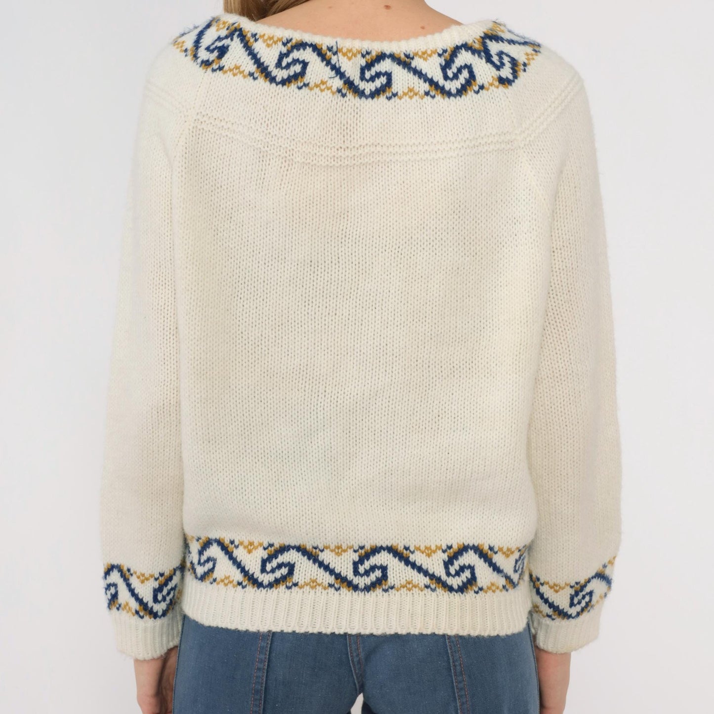 70s Nordic Folk Cardigan Cream Blue Gold Pattern Button Front Medium