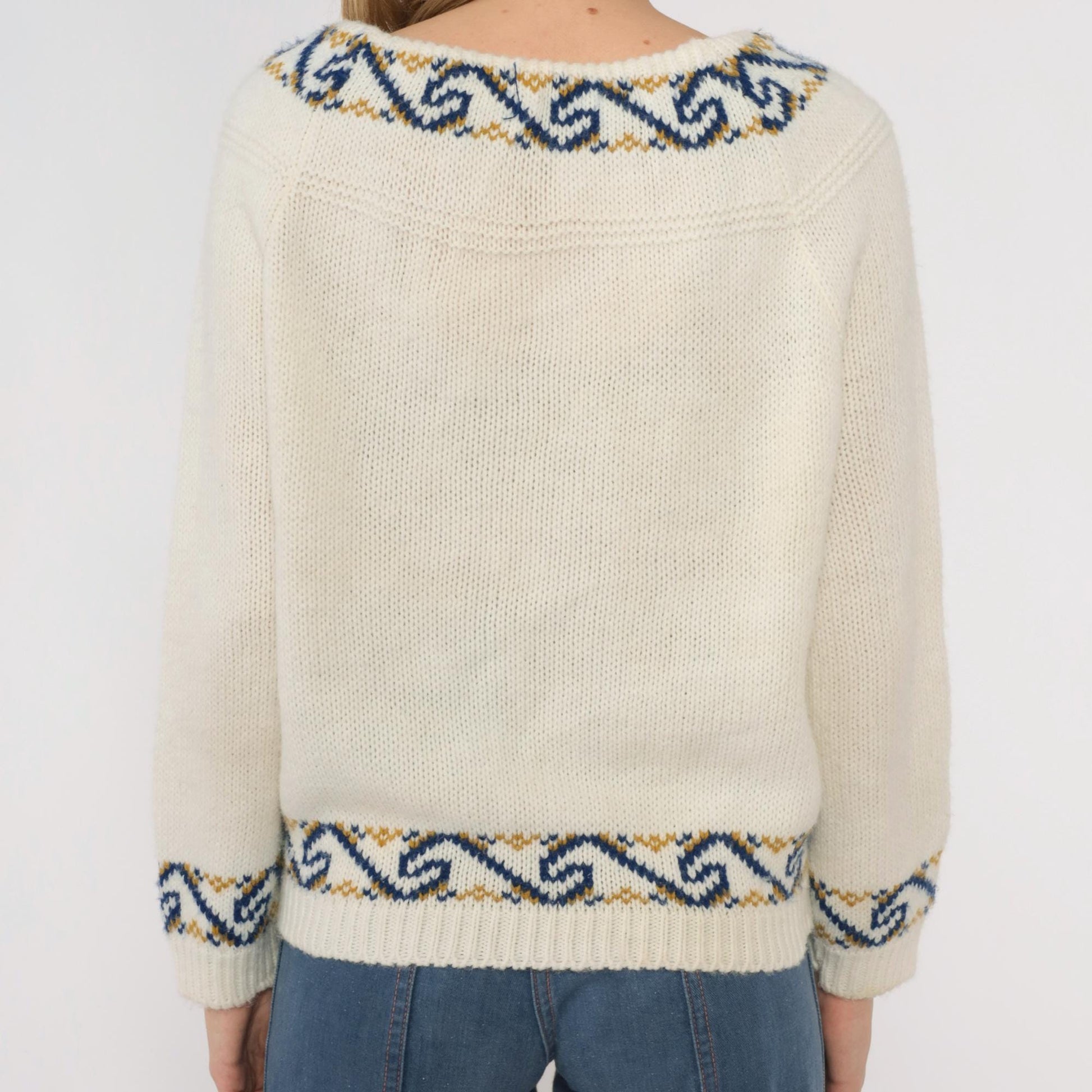 70s Nordic Folk Cardigan Cream Blue Gold Pattern Button Front Medium