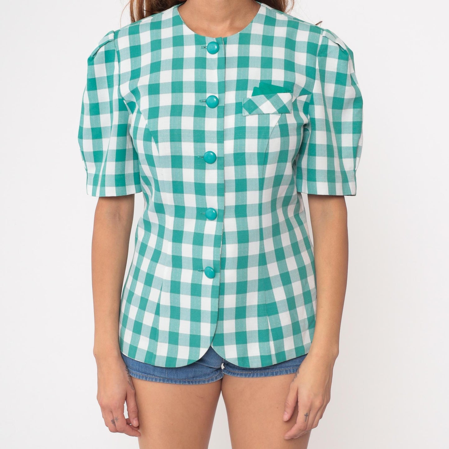 90s Via Sant Andrea Teal Gingham Button Up Blouse Short Puff Sleeve Medium