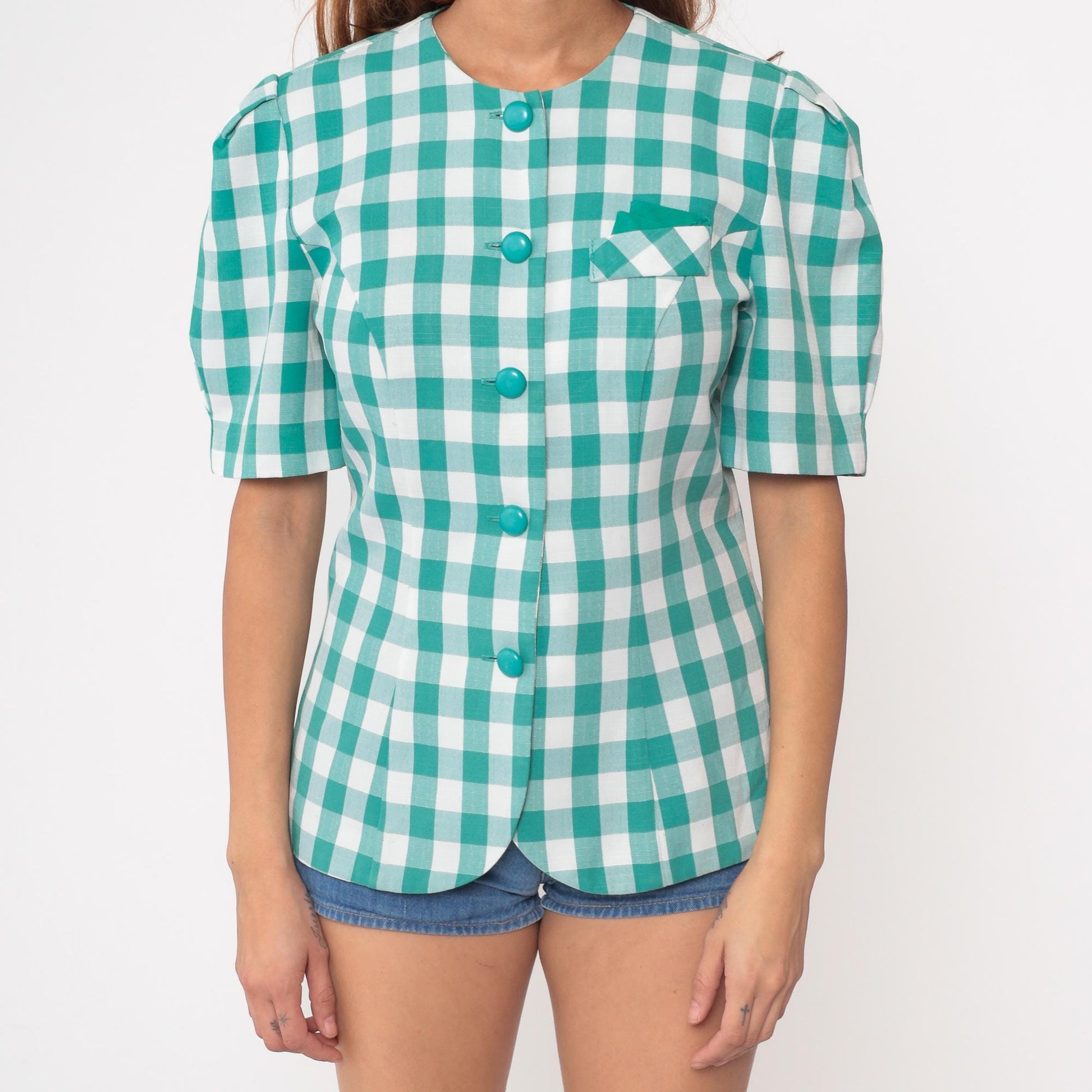 90s Via Sant Andrea Teal Gingham Button Up Blouse Short Puff Sleeve Medium