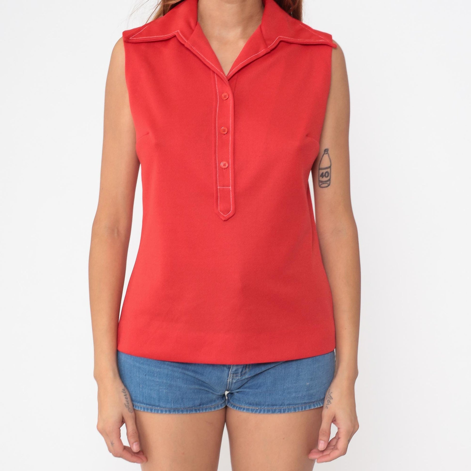 70s Pykettes Red Sleeveless Polo Collared Top Button Placket Medium