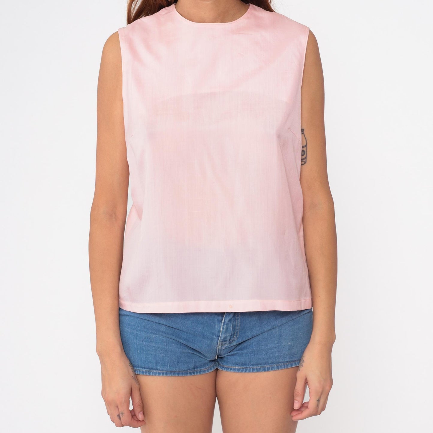 60s Pale Pink Sleeveless Shell Top Split Back Round Neck Small
