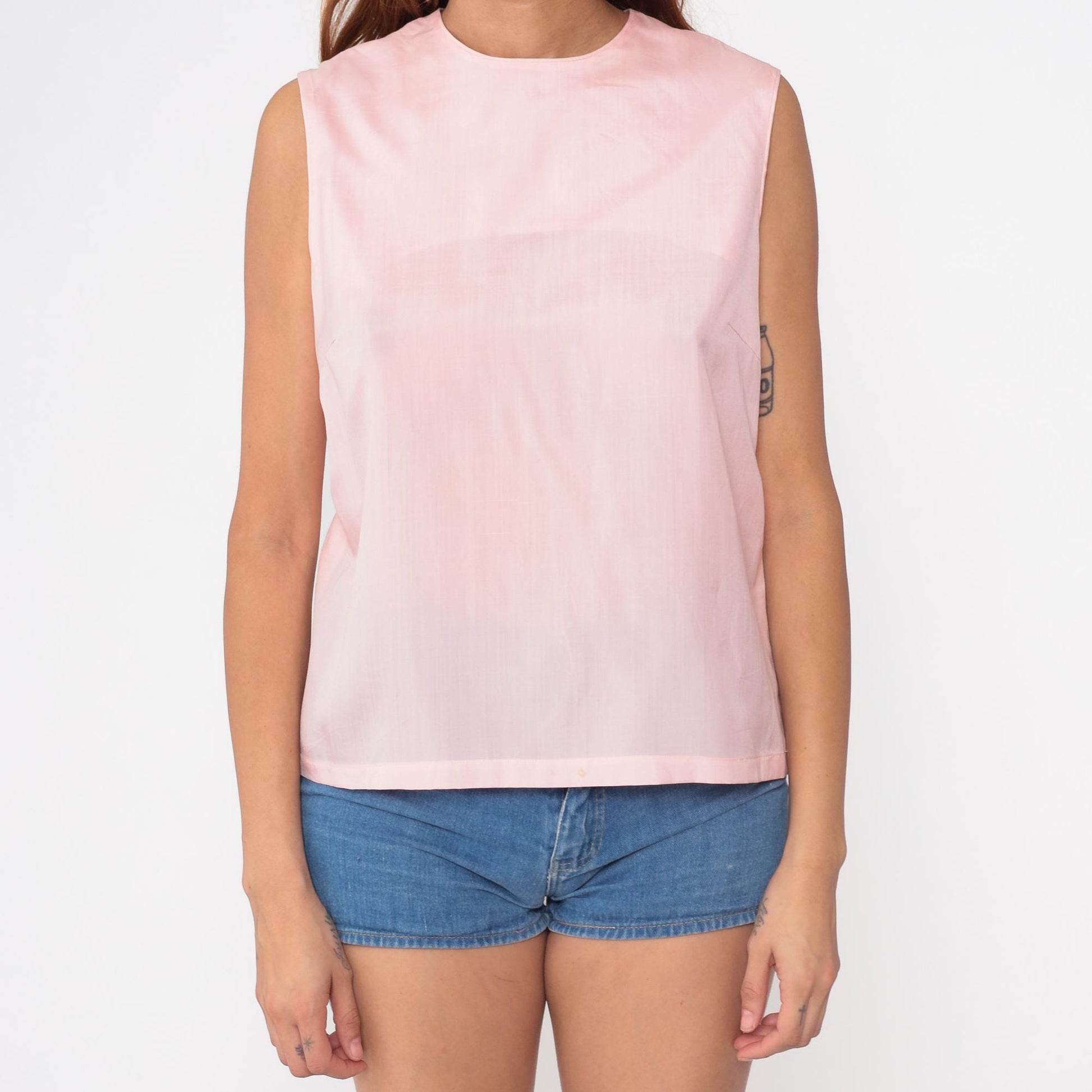 60s Pale Pink Sleeveless Shell Top Split Back Round Neck Small
