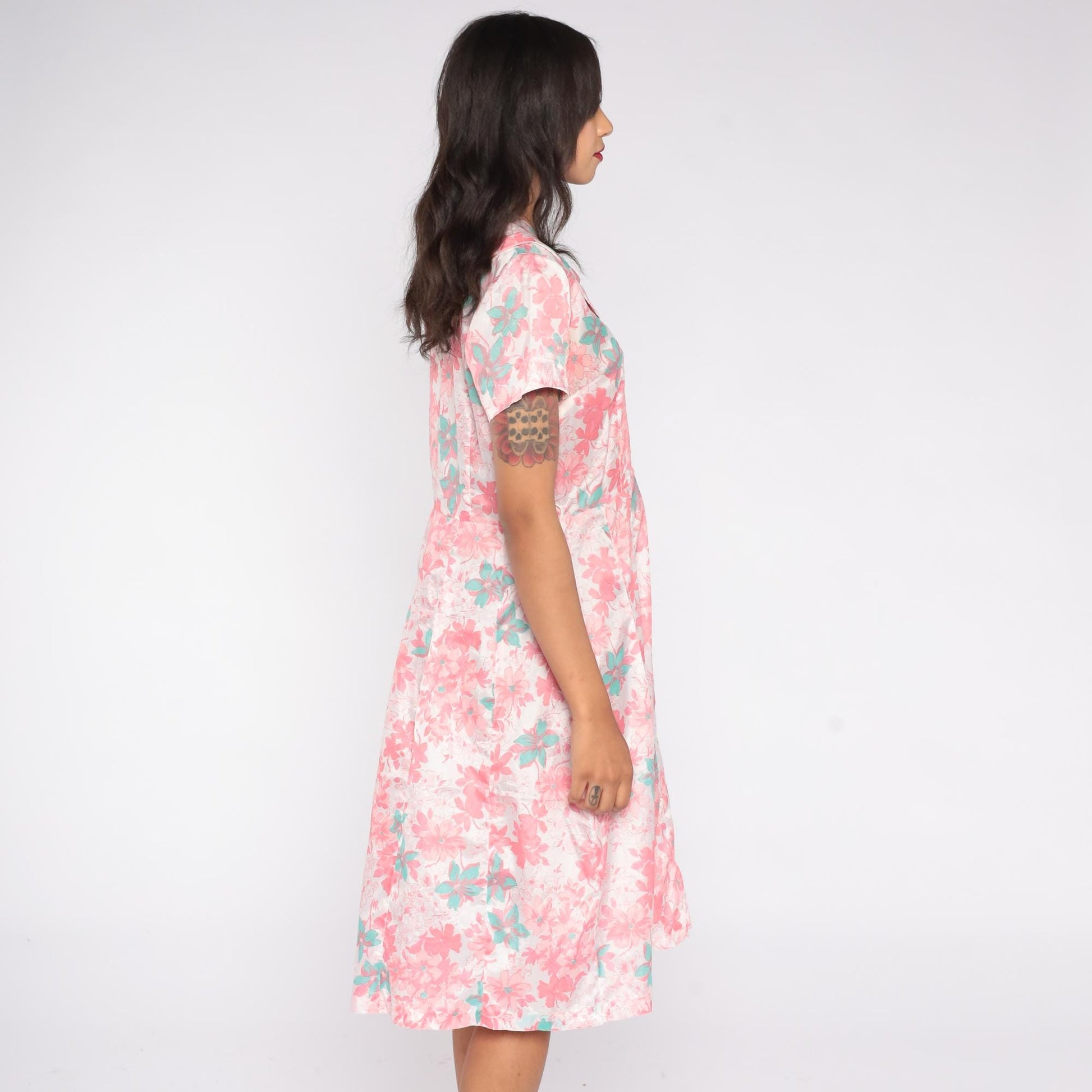 60s Mode O Day Floral Shirt Dress Pink Mint Midi Large L