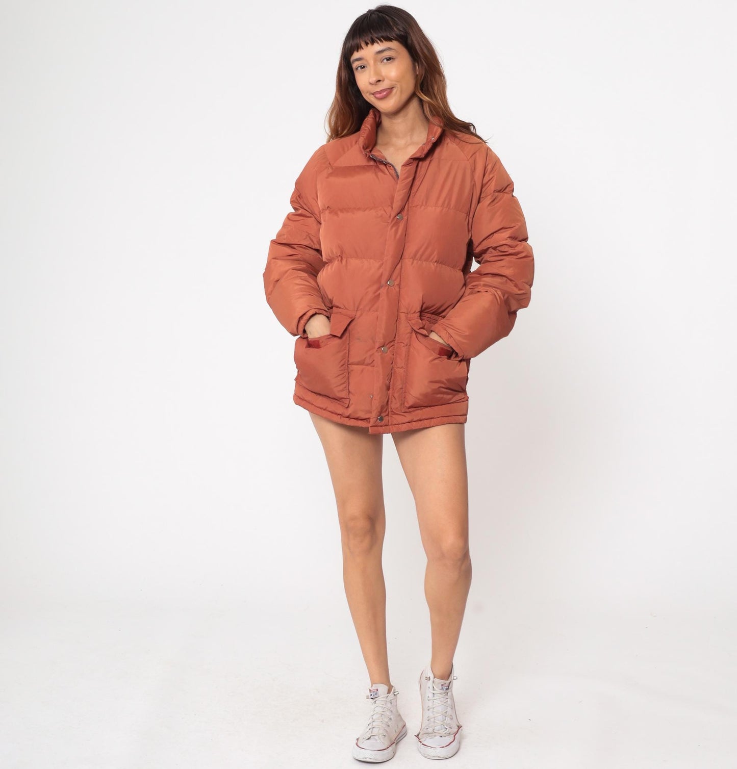70s Put On Shop Sears Down Puffer Jacket Rust Orange Quilted Small