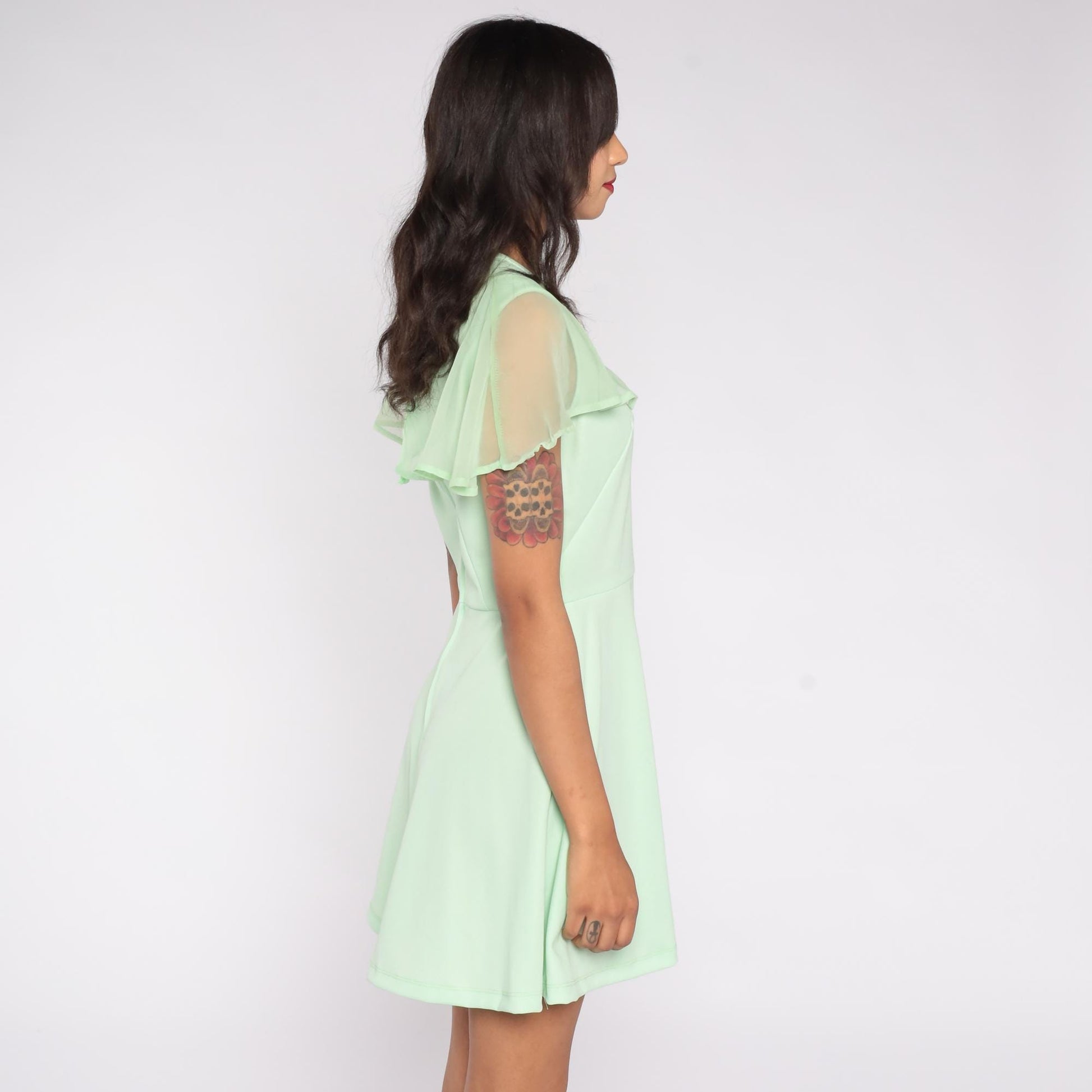 70s Mint Green Babydoll Mini Dress Flutter Sleeve Chiffon Medium