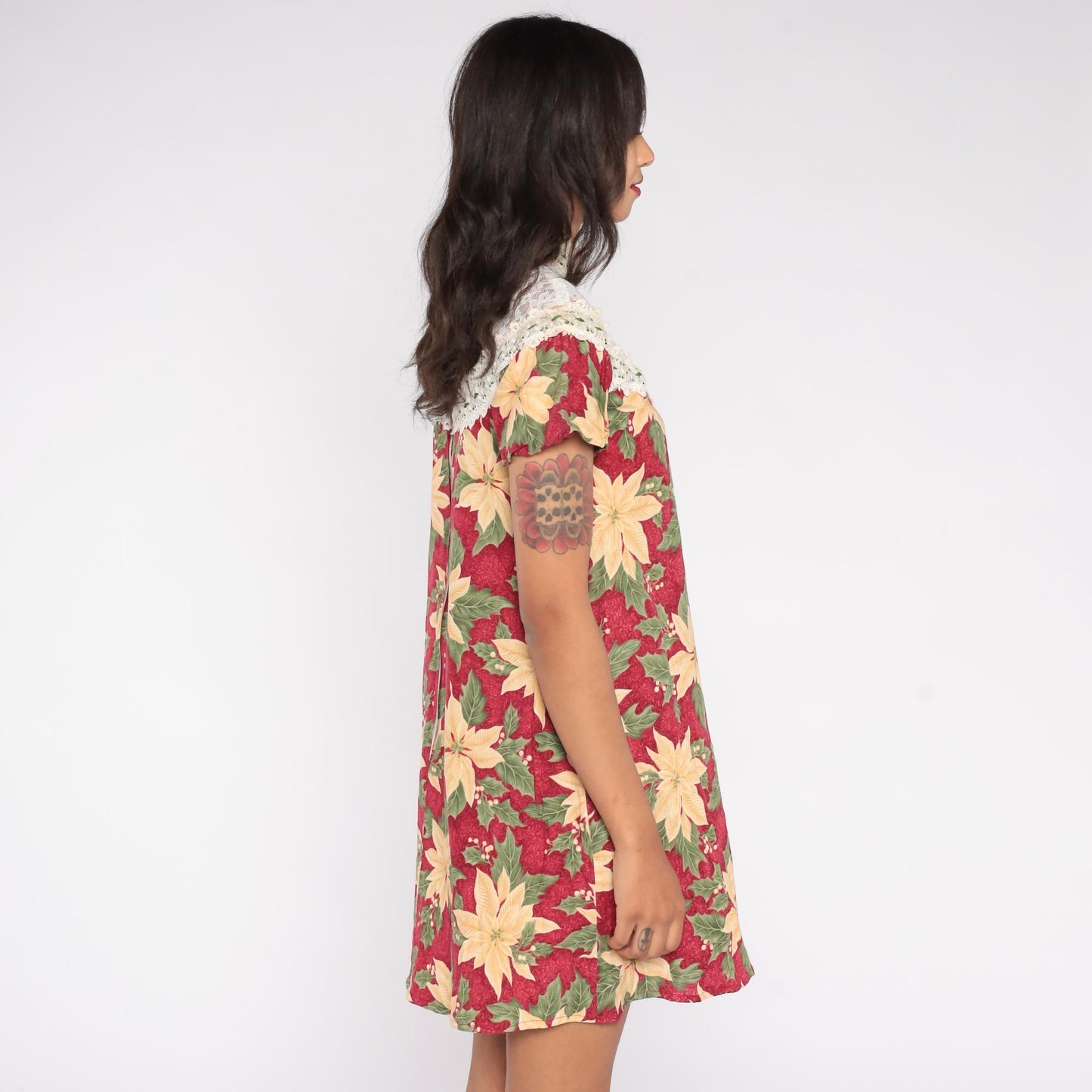 70s Princess Kaiulani Poinsettia Mini Dress Cotton Floral Red Cream Small