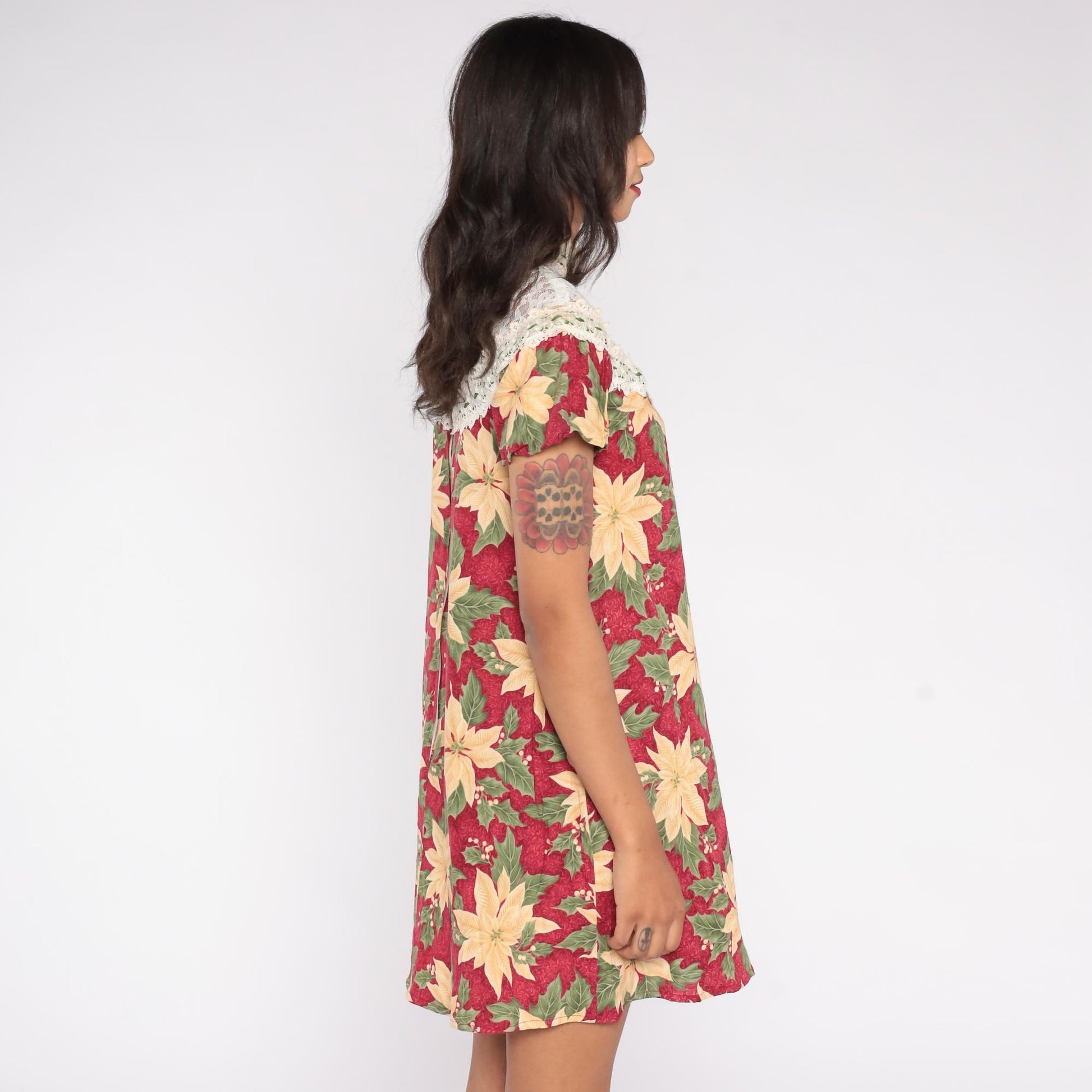 70s Princess Kaiulani Poinsettia Mini Dress Cotton Floral Red Cream Small